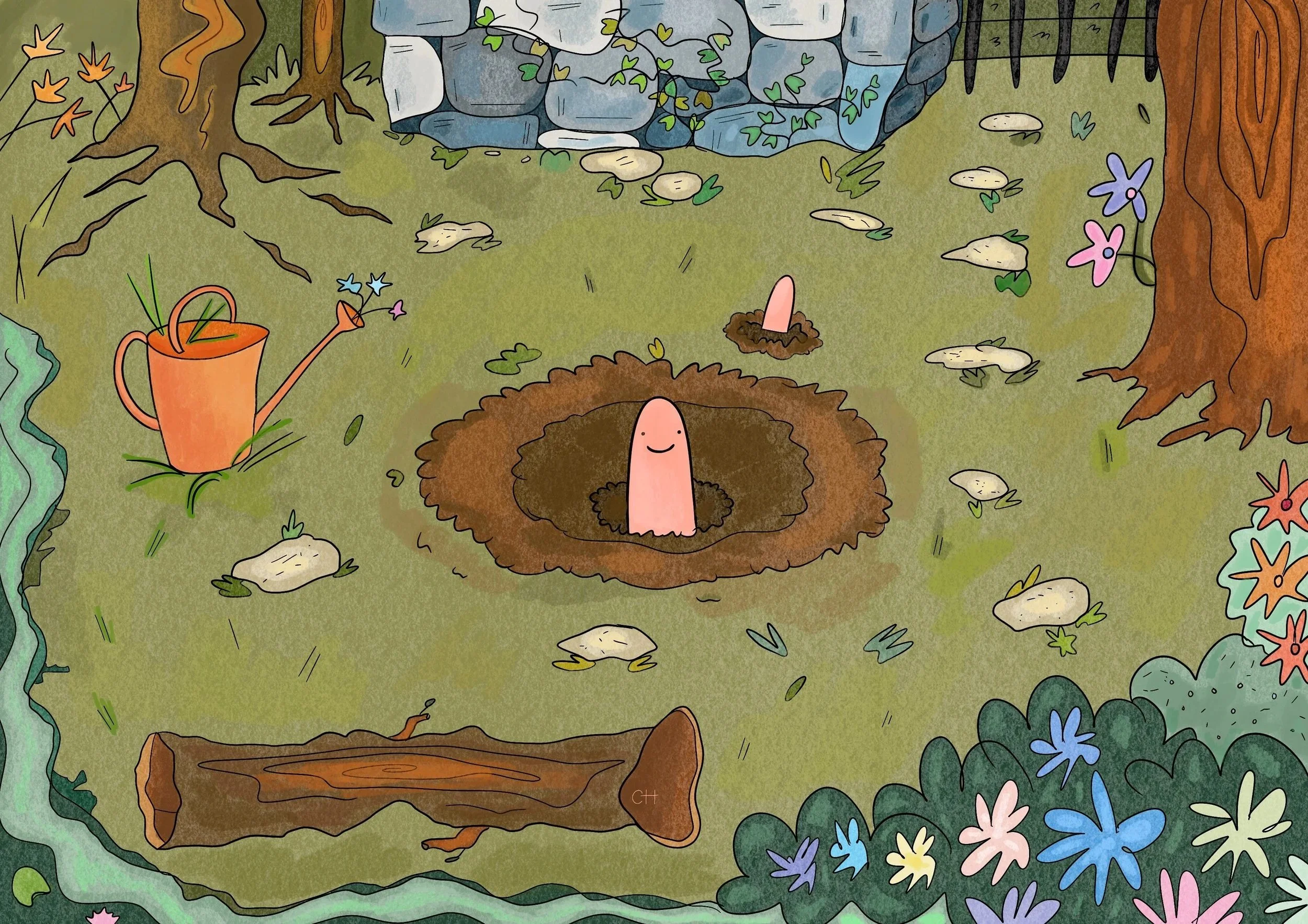 Worm In A Garden Illustration.