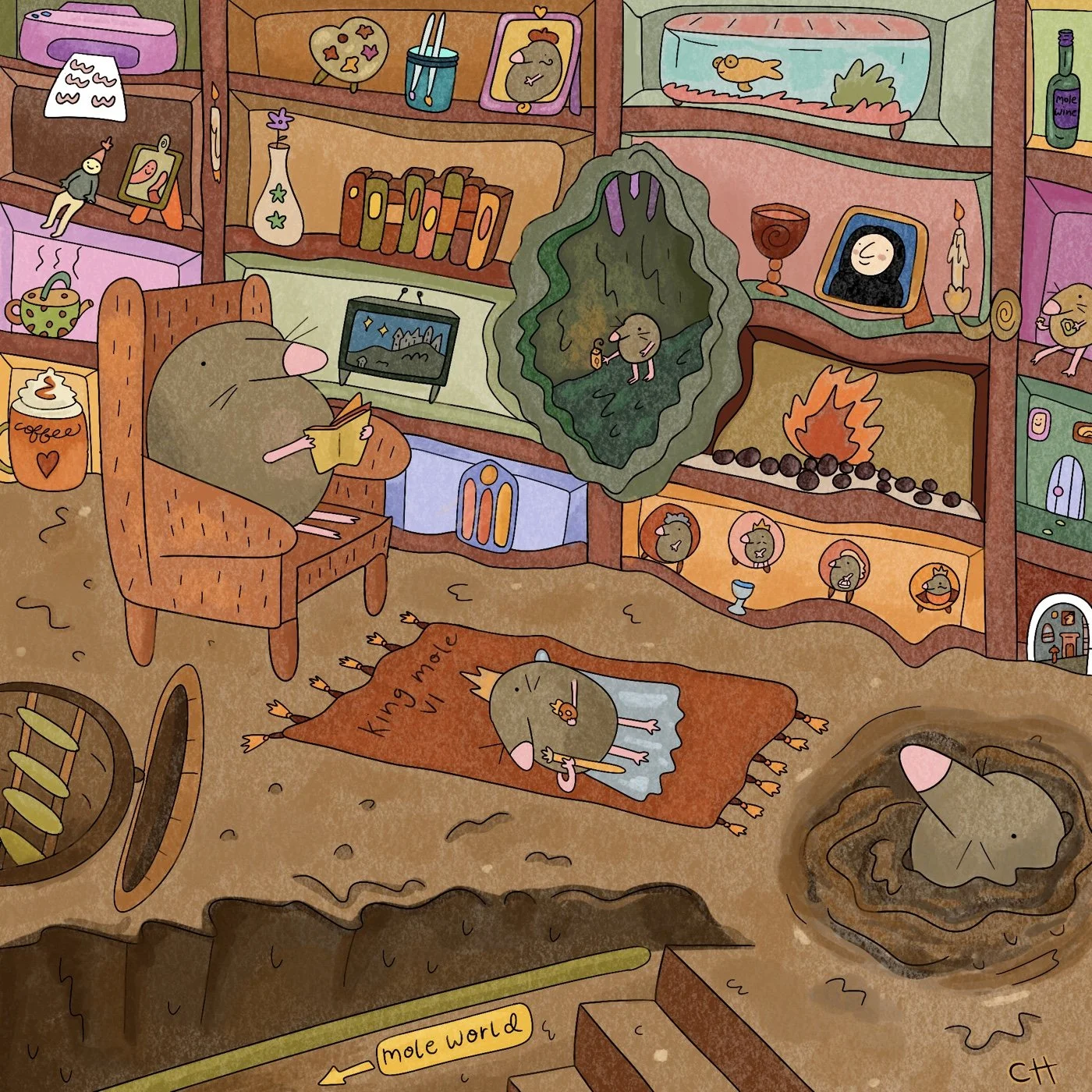 Mole Reading In a cosy underground den illustration.