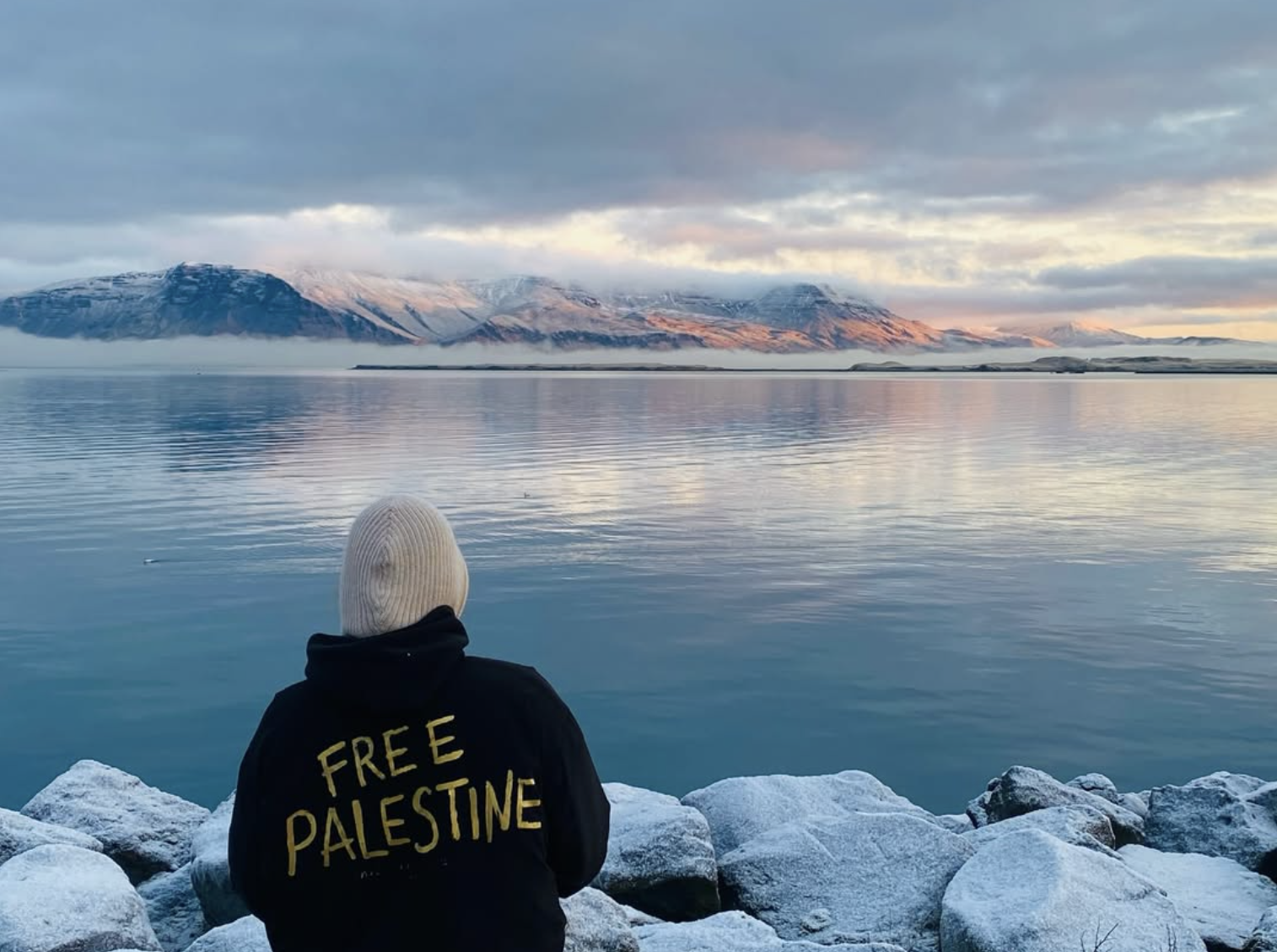 Person wearing a black hoodie with yellow text that says 'FREE PALESTINE' sitting on rocks by a calm body of water, facing mountains with snow and a colorful sky at sunrise or sunset.