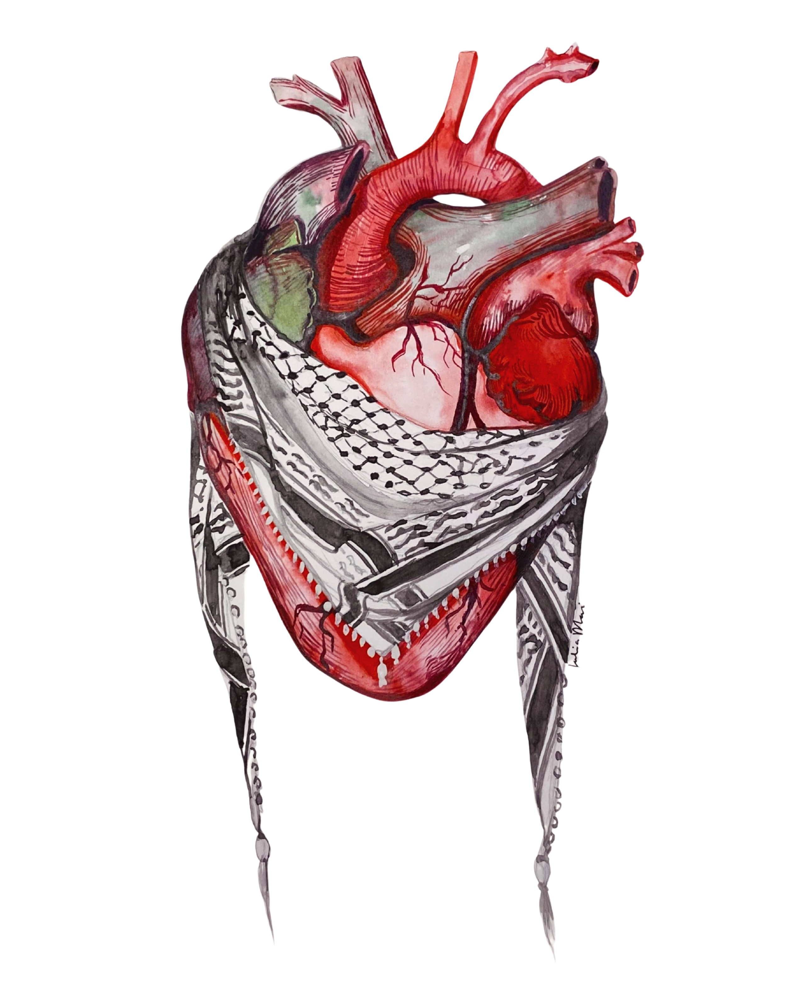 An artistic illustration of a human heart wrapped in a patterned cloth with knives piercing through it.