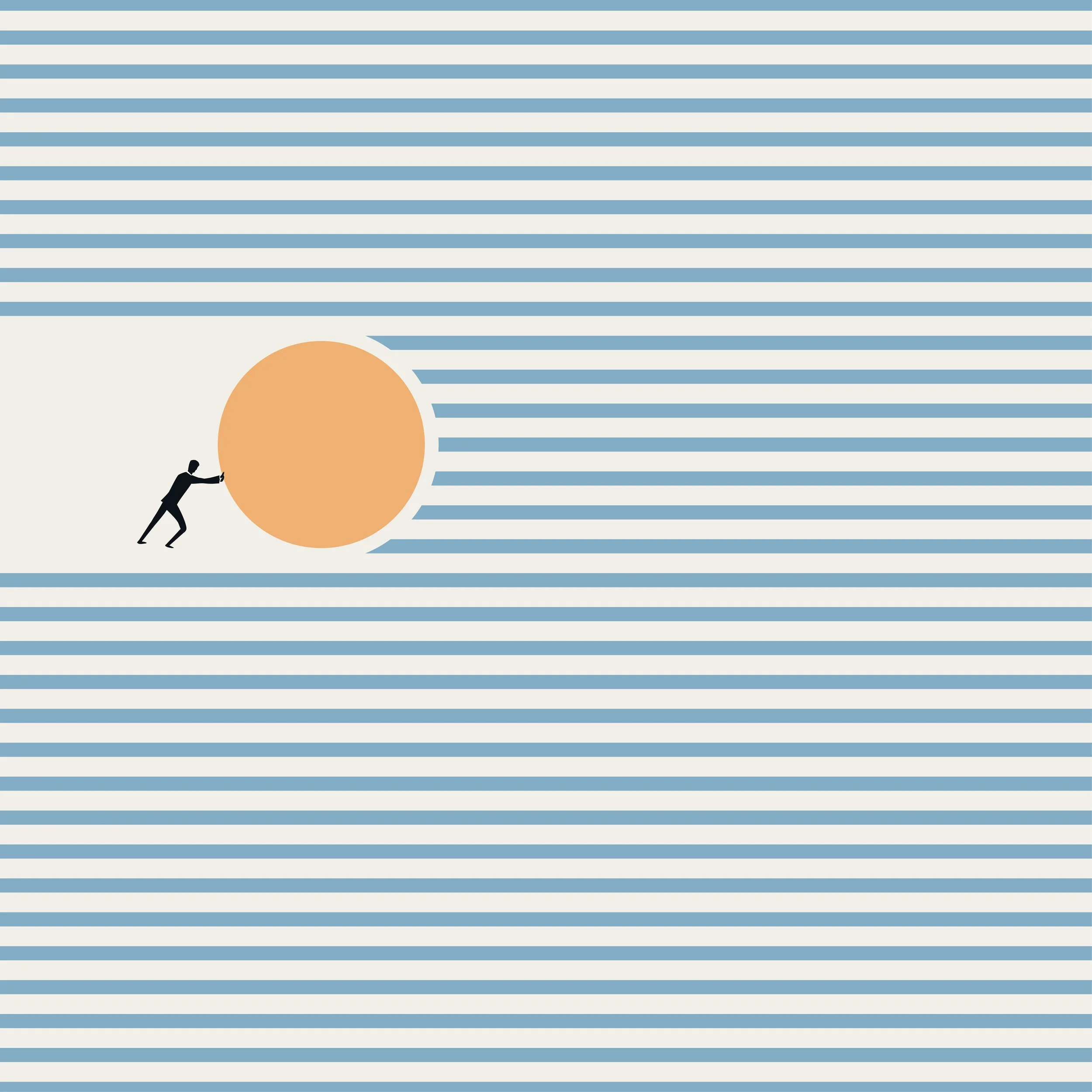 A man pushes a large round circle clearing lines that surround him going across the image