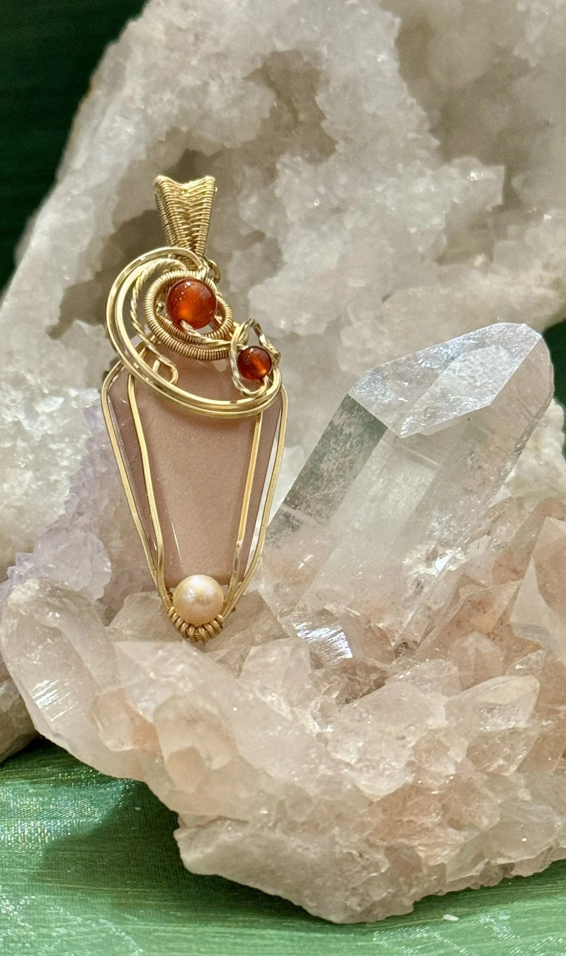 Peach Moonstone with Carnelian and Pearl accents