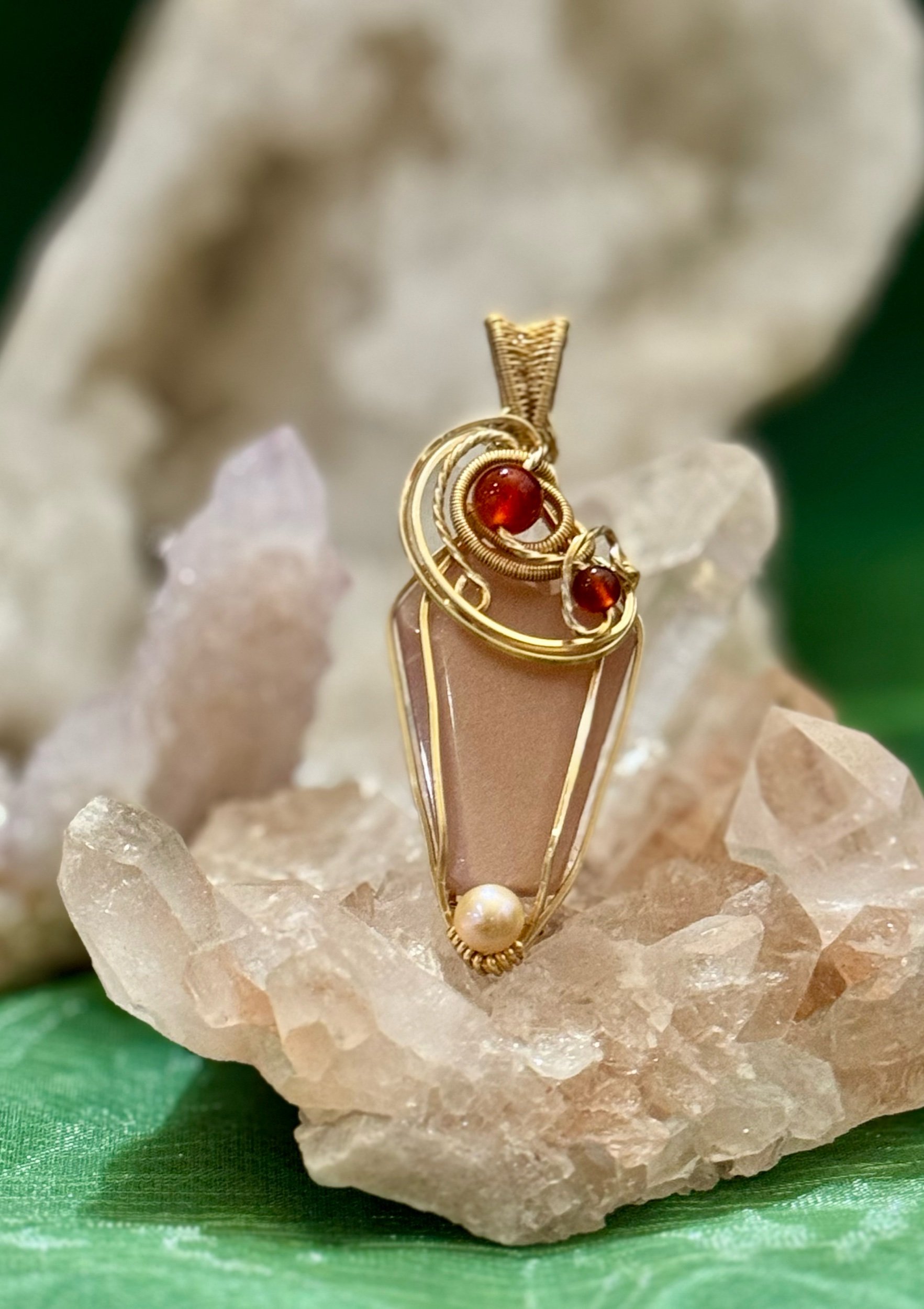 Peach Moonstone with Carnelian and Pearl accents