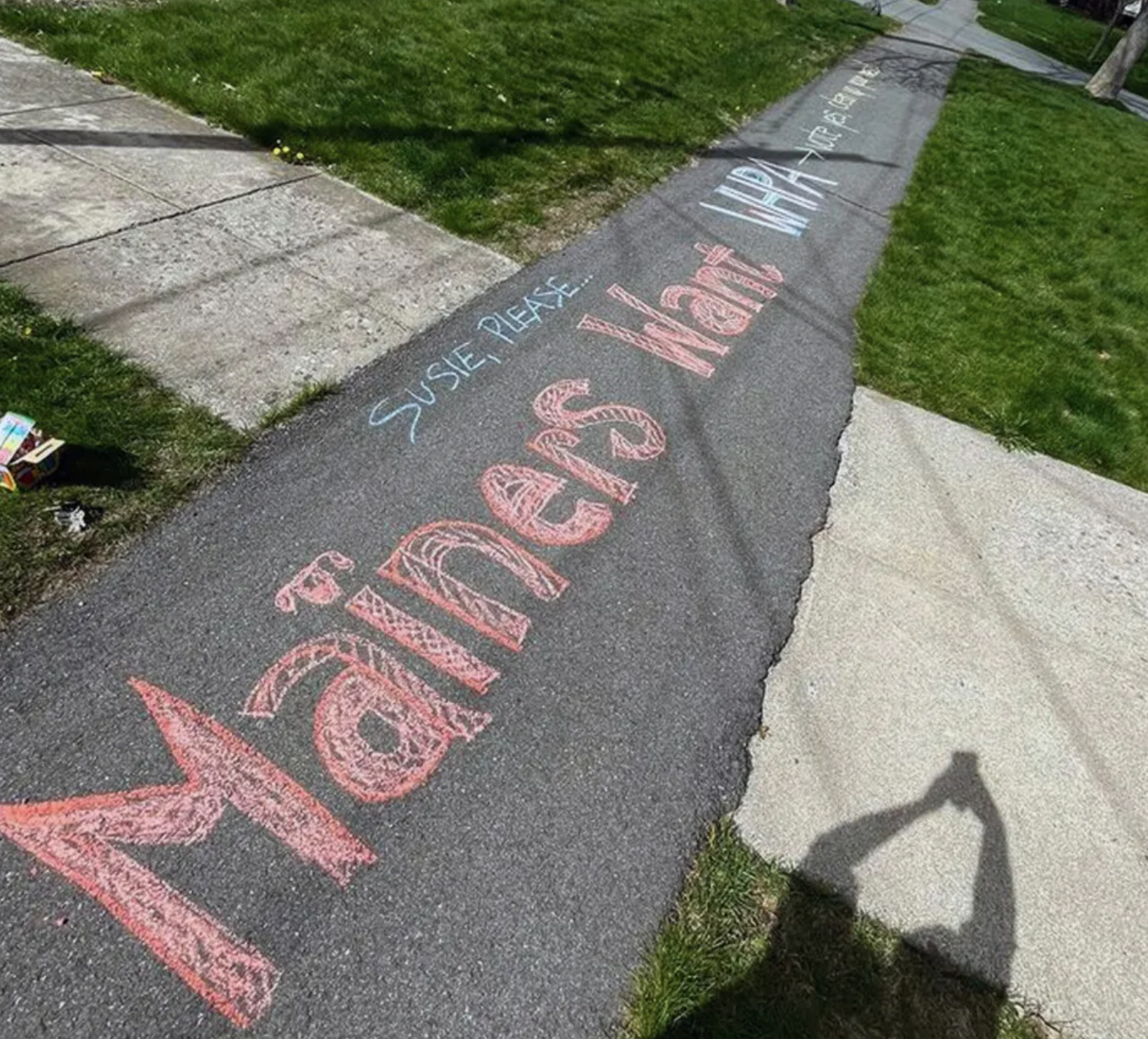 A sidewalk outside Susan Collins home is shown with large chalk letters that read "Susie please Mainers want WHPA"