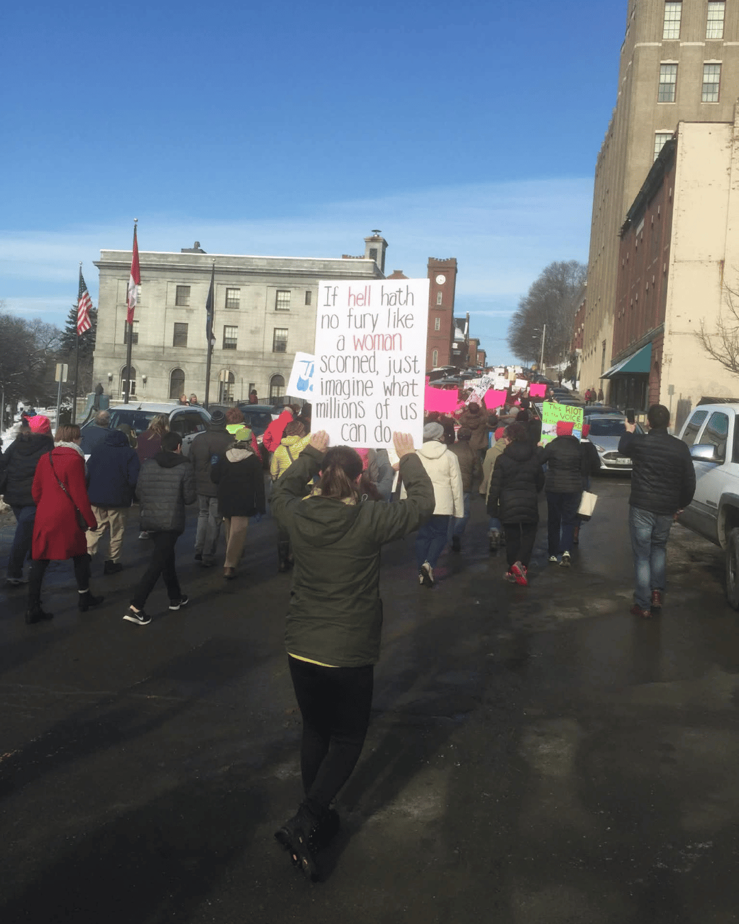 Picture is of Senate candidate Andrea LaFlamme  at a Women's March protest in downtown Bangor, Maine. She is shown from behind, holding a sign that reads "If hell hath no fury like a woman scorned, just imagine what millions of us can do".