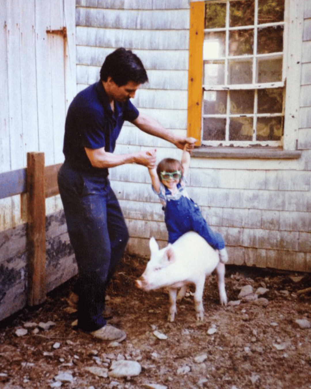 Andrea LaFlamme as a young child being held by her dad above a pig on their family farm in Corinth, Maine