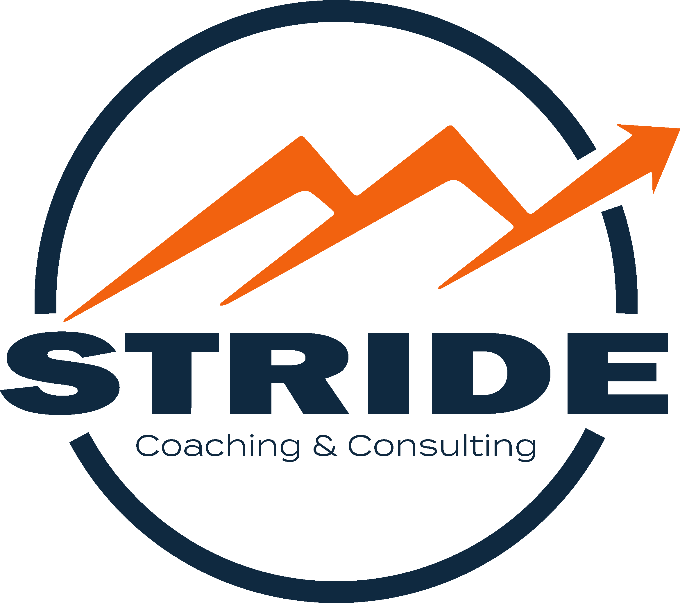 Logo for STREIKE Coaching & Consulting, featuring an orange mountain range with a stylized orange lightning bolt arrow pointing upward, encircled by a navy blue ring with the text 'STRIKE' below and 'Coaching & Consulting' underneath.