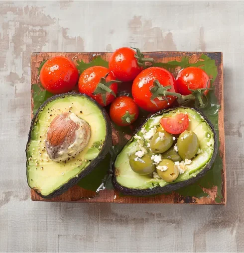 Fresh avocado halves topped with olives and feta cheese, surrounded by cherry tomatoes on a wooden cutting board.