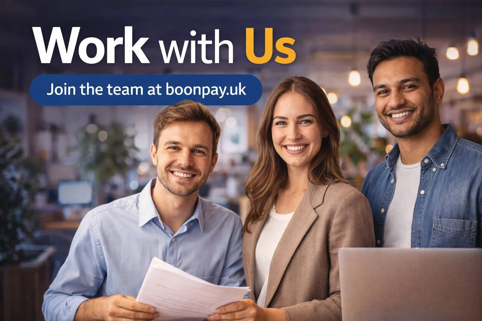 Group of three young professionals smiling and standing together, with a man holding papers, in a modern office or co-working space with warm lighting