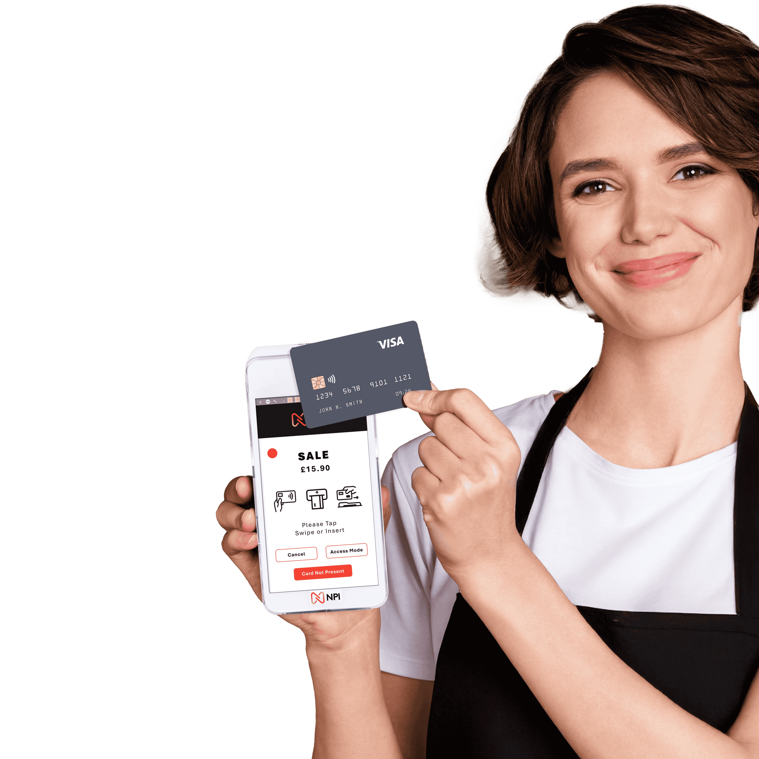 A woman with short brown hair smiling and holding a smartphone displaying a payment screen, a credit card, and a sale notification for £15.90.