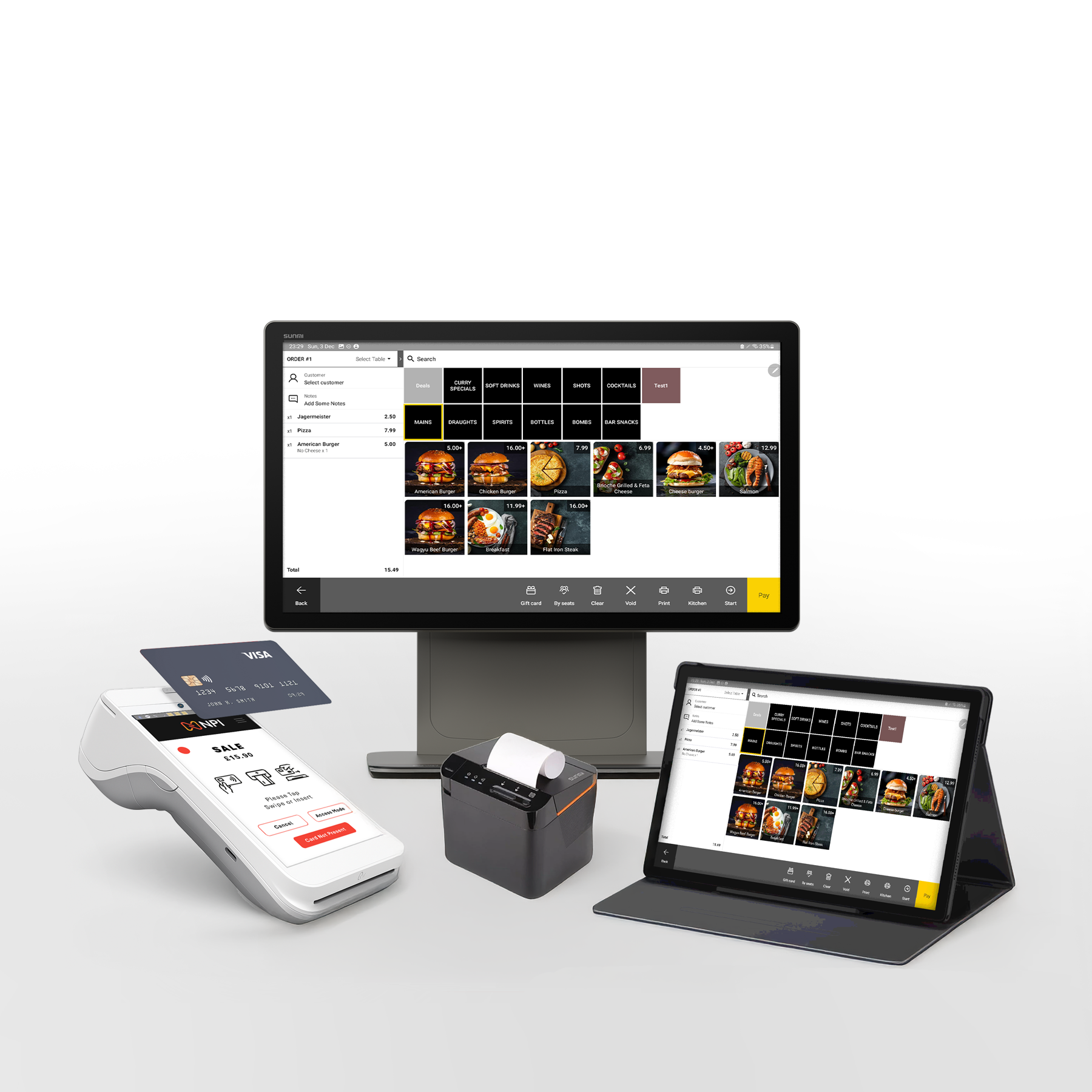 Digital order management system with touchscreen monitor, a tablet, a handheld payment terminal with card, and a small receipt printer on a white surface.