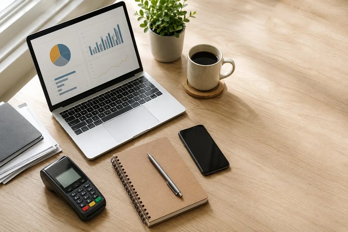 Work desk with a laptop showing charts, a smartphone, a notebook with a pen, a payment terminal, a cup of coffee, a stack of papers, and a potted plant on a light wooden surface.