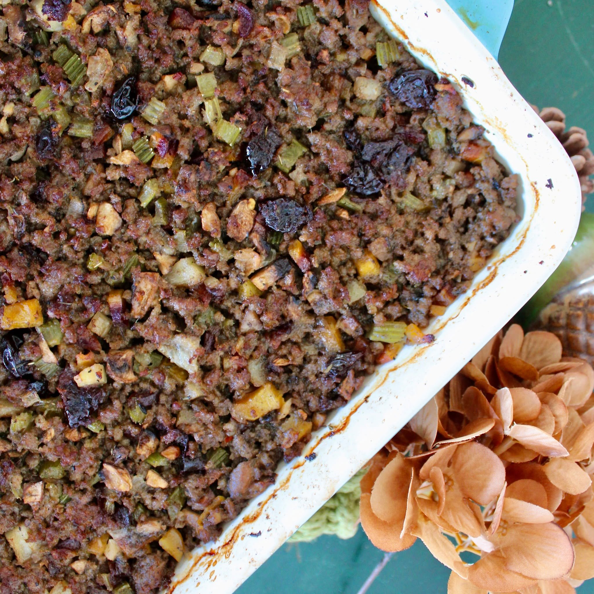 Gluten Free Sausage and Mushroom Stuffing! There is no bread, just sausage, mushrooms, celery, carrots, and all of the traditional flavors you will find in a traditional bread stuffing. This has become one of our favorite Thanksgiving sides!

https:/