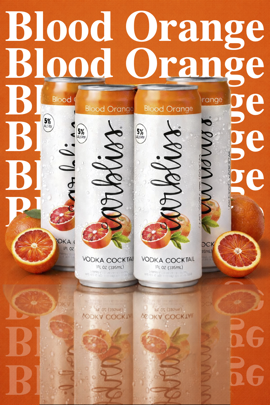 This Blood Orange Carbliss visual was created using AI image generation to celebrate the brand’s recent blood orange four-pack release. I crafted prompts to showcase four cans front and center with vibrant blood orange slices, realistic condensation,