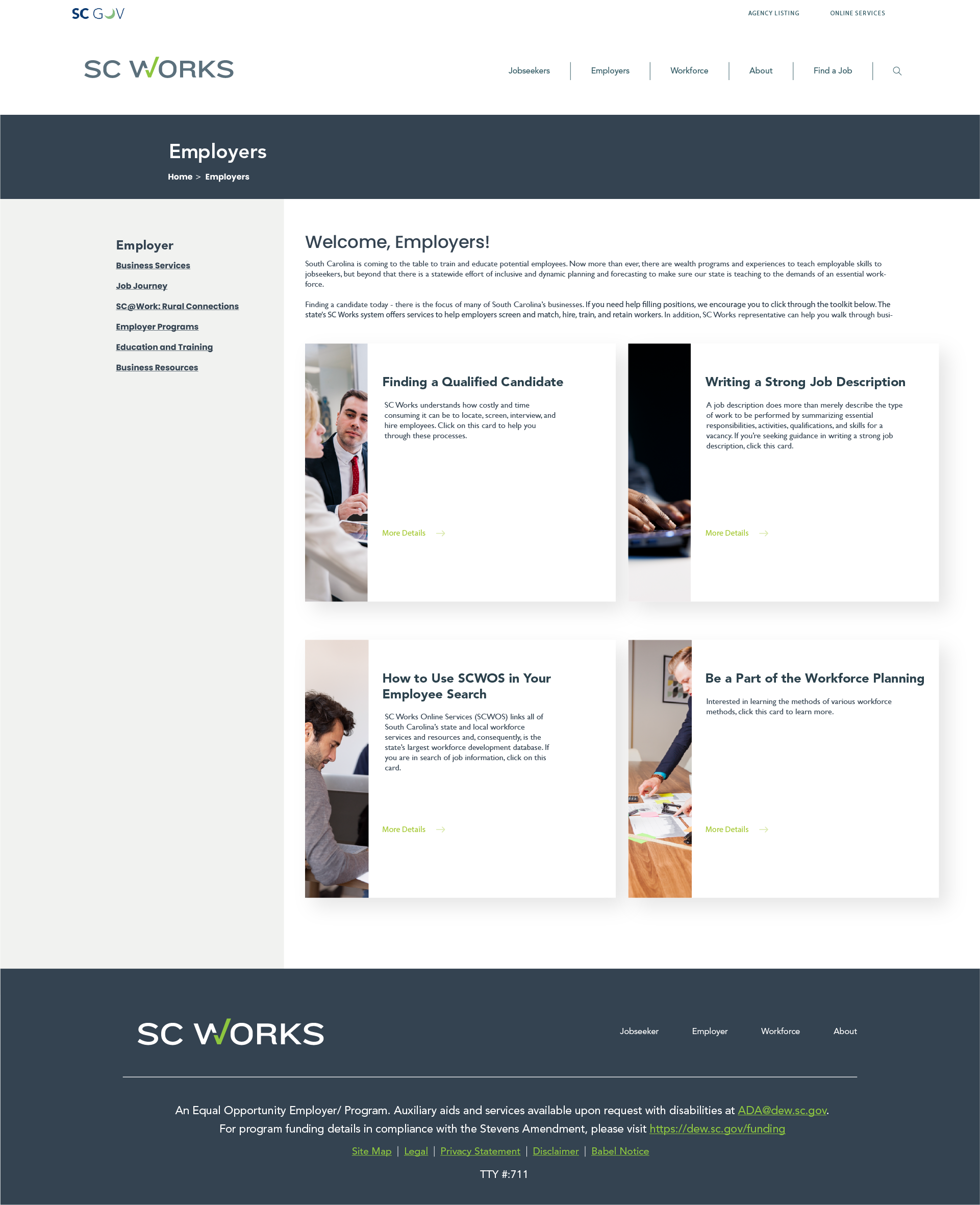 This redesigned Employers page provides a centralized hub for businesses to access hiring tools, workforce programs, and guidance on recruiting and retaining talent. The layout organizes key resources into clear, actionable sections, making it easy f
