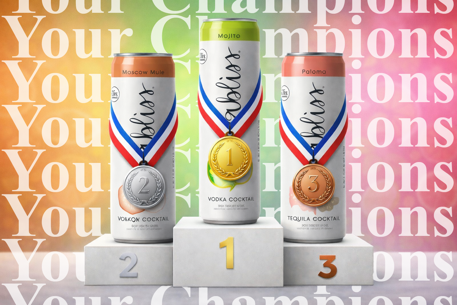 This Winter Olympics–inspired Carbliss visual was created using AI image generation to capture a celebratory podium moment, featuring Mojito, Moscow Mule, and Paloma cans styled with gold, silver, and bronze medals. I refined the prompts to achieve d