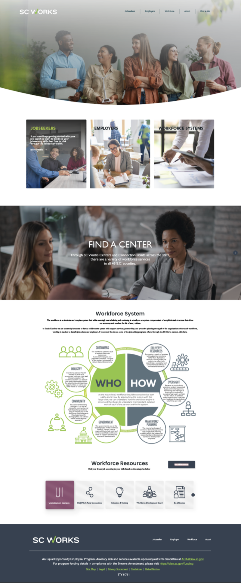 This redesigned SC Works homepage serves as a clear, welcoming entry point for jobseekers, employers, and workforce partners. The layout emphasizes intuitive navigation, quick access to key services, and a strong visual hierarchy to guide users towar