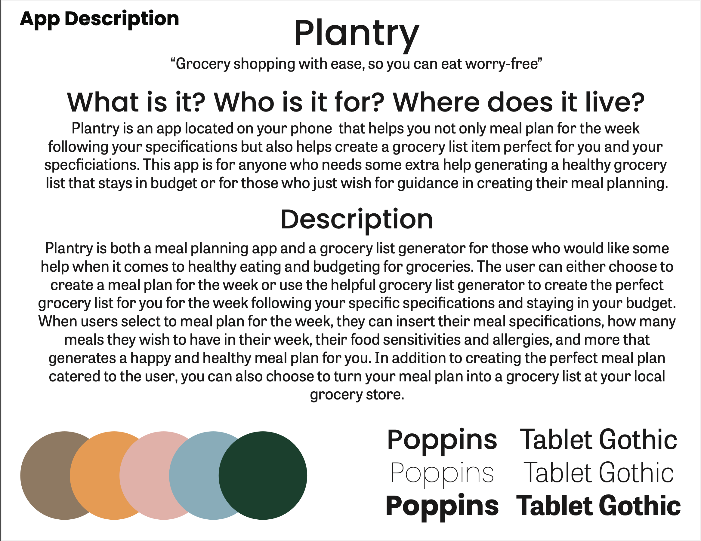 This page introduces Plantry’s name, motto, typography, and core concept, establishing the app’s mission and defining who it serves. It lays the foundation for the brand identity, color scheme, and overall purpose of the application.