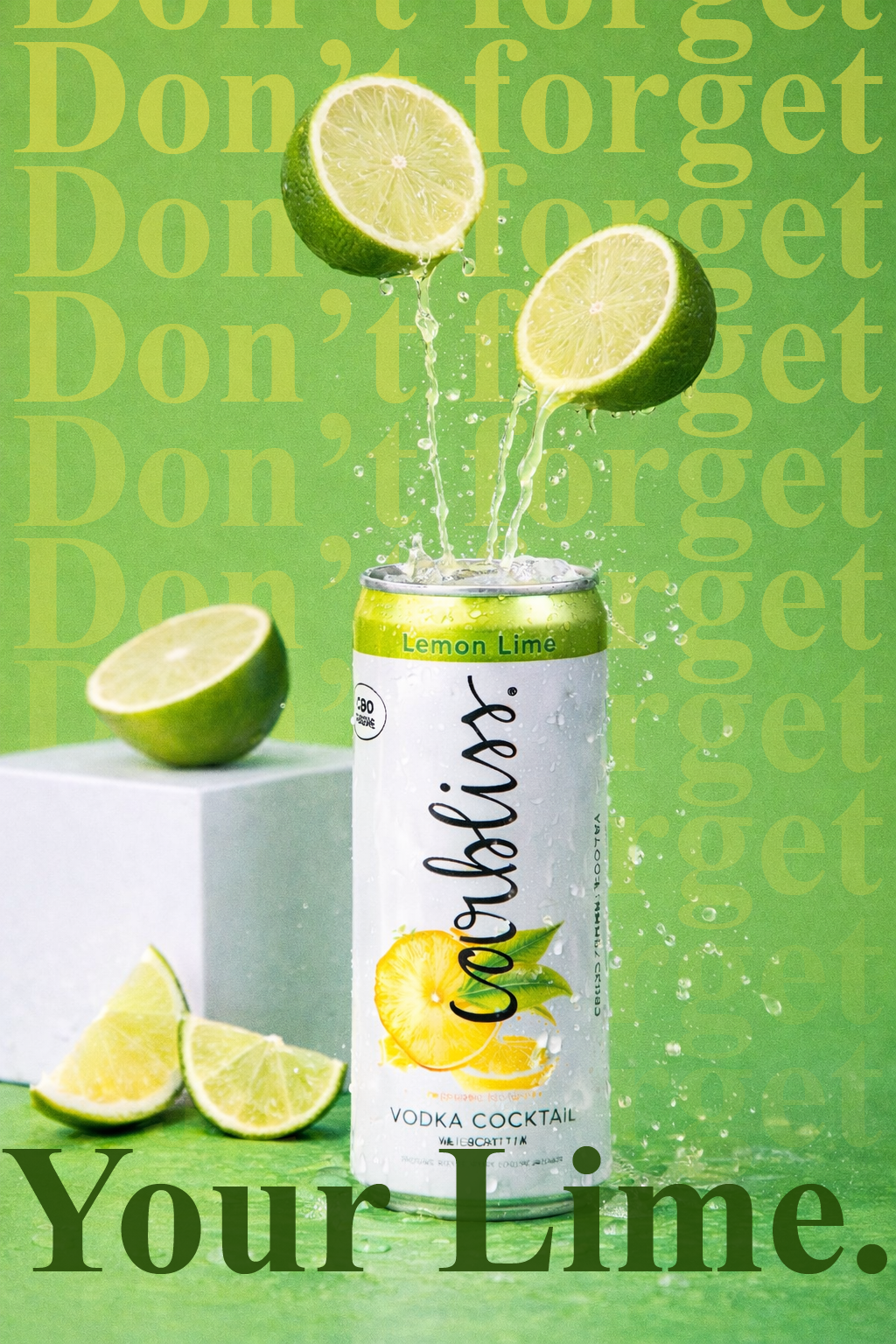 This Lemon Lime Carbliss visual was created using AI image generation to capture a high-energy splash moment, featuring freshly sliced limes bursting upward from the can against a bold green backdrop. I refined the prompts to achieve realistic liquid