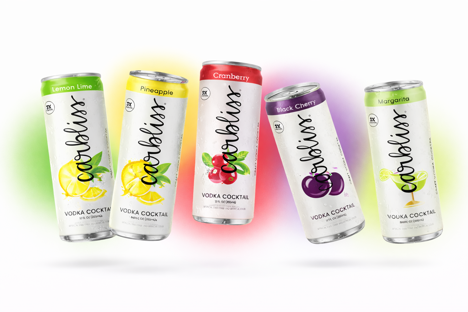 This Carbliss lineup visual was created using AI image generation to showcase a range of flavors in a clean, modern floating composition. I refined the prompts to achieve realistic can angles, natural shadows, subtle condensation, and soft color glow