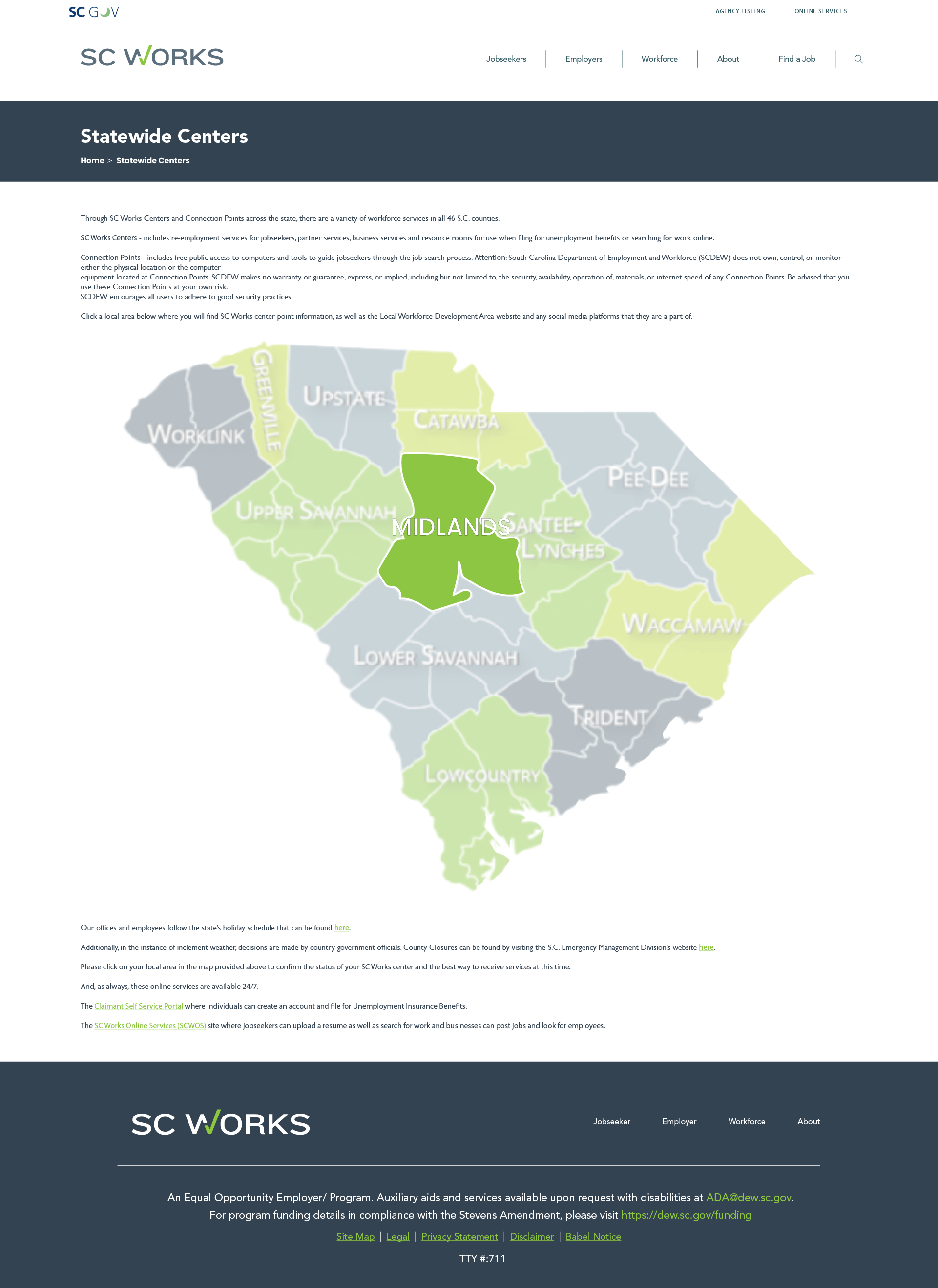 This redesigned Statewide Centers page features an interactive regional map that allows users to select their area and quickly access relevant SC Works centers, resources, and workforce information. The layout simplifies navigation by visually organi