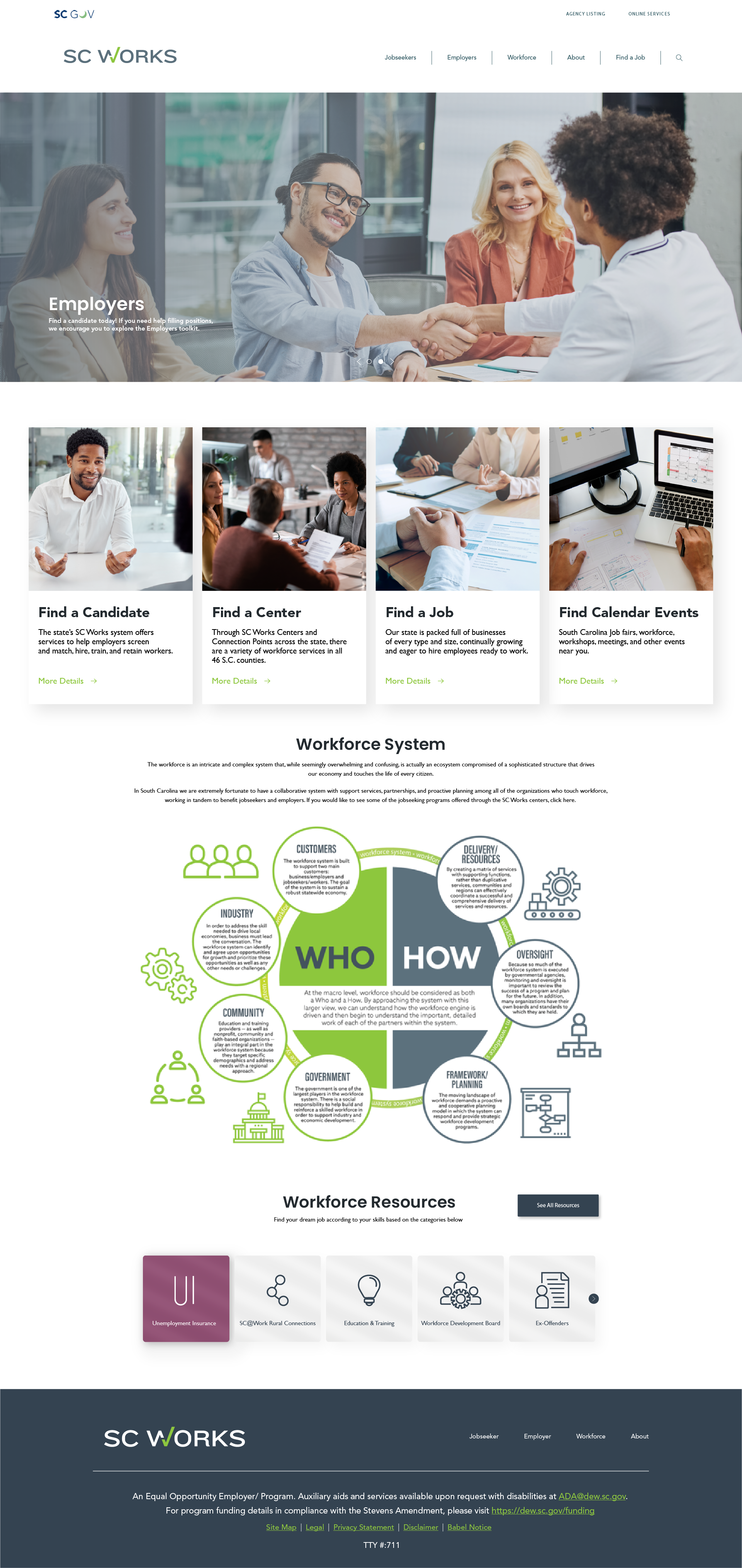 This redesigned SC Works homepage serves as a clear, welcoming entry point for jobseekers, employers, and workforce partners. The layout emphasizes intuitive navigation, quick access to key services, and a strong visual hierarchy to guide users towar