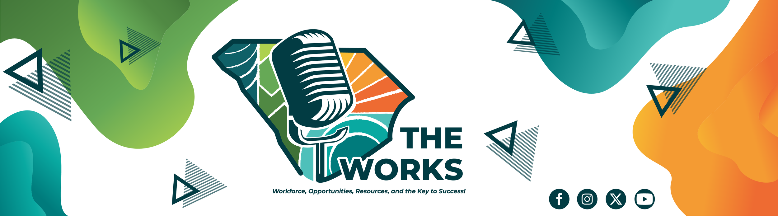 This banner wall variation pairs The Works podcast logo with bold, organic shapes and playful geometric accents to create a more energetic, contemporary feel. Designed in Adobe Illustrator, the layered forms and brand-aligned color palette add visual
