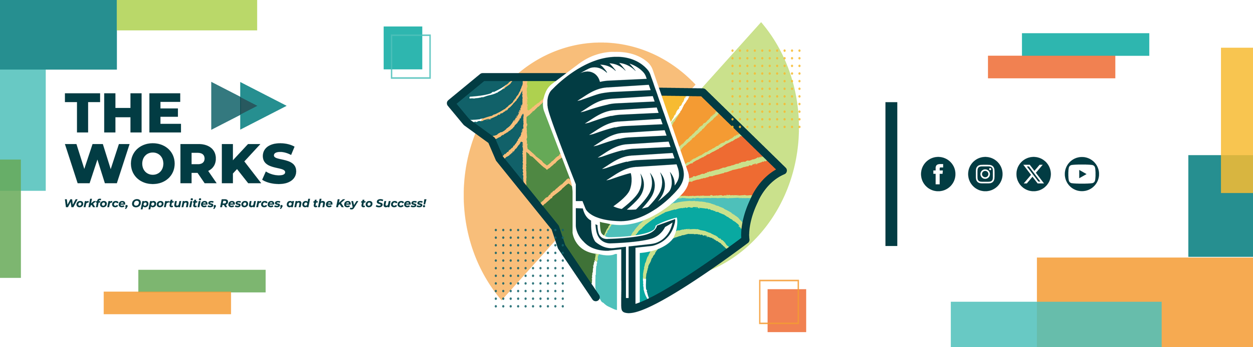 This banner variation separates the logo mark from the typography, allowing each element to stand independently while maintaining a cohesive layout. Designed in Adobe Illustrator, the lively geometric shapes and layered color accents add energy and m