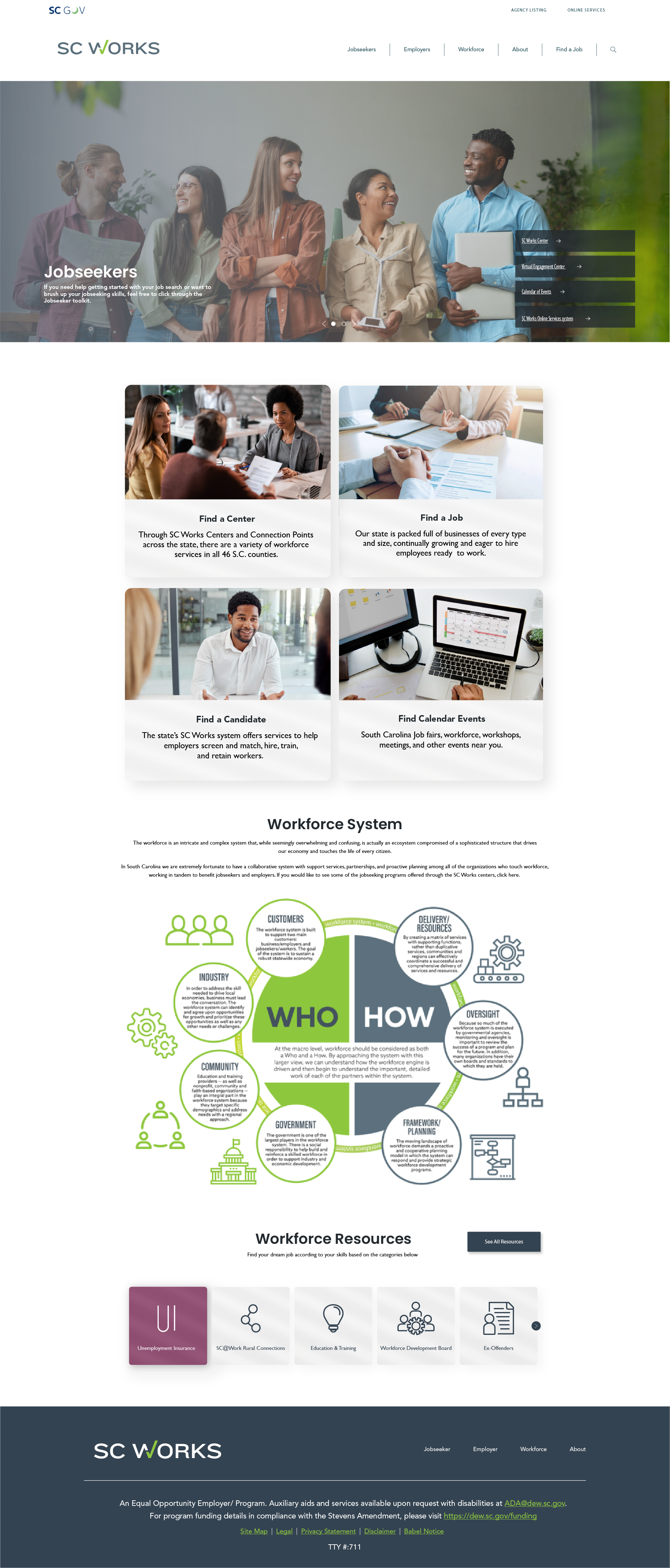 This redesigned SC Works homepage serves as a clear, welcoming entry point for jobseekers, employers, and workforce partners. The layout emphasizes intuitive navigation, quick access to key services, and a strong visual hierarchy to guide users towar