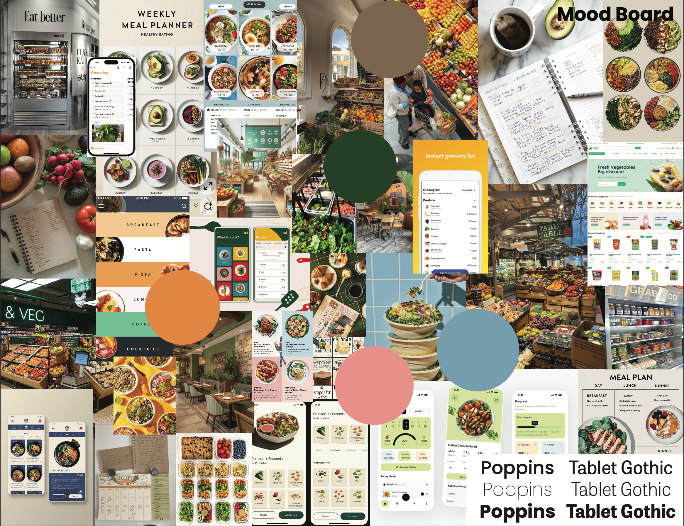 The mood board establishes Plantry’s visual direction through curated imagery, color inspiration, and typography choices. It defines the tone as fresh, approachable, and practical.