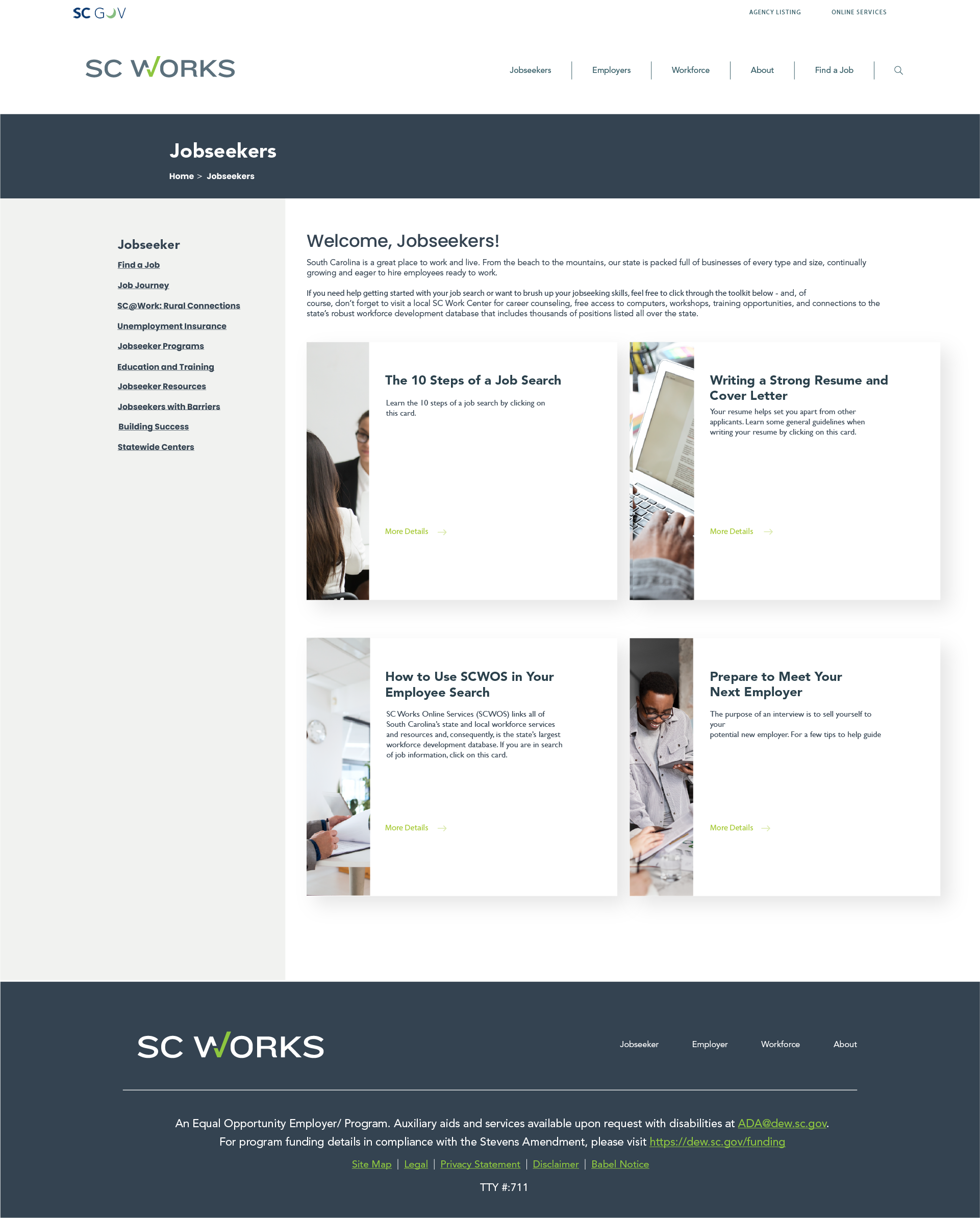 This redesigned Jobseekers page serves as a comprehensive resource hub, guiding users through every stage of the job search process. The layout highlights essential tools, career guidance, and workforce programs in a clear, structured format to help 