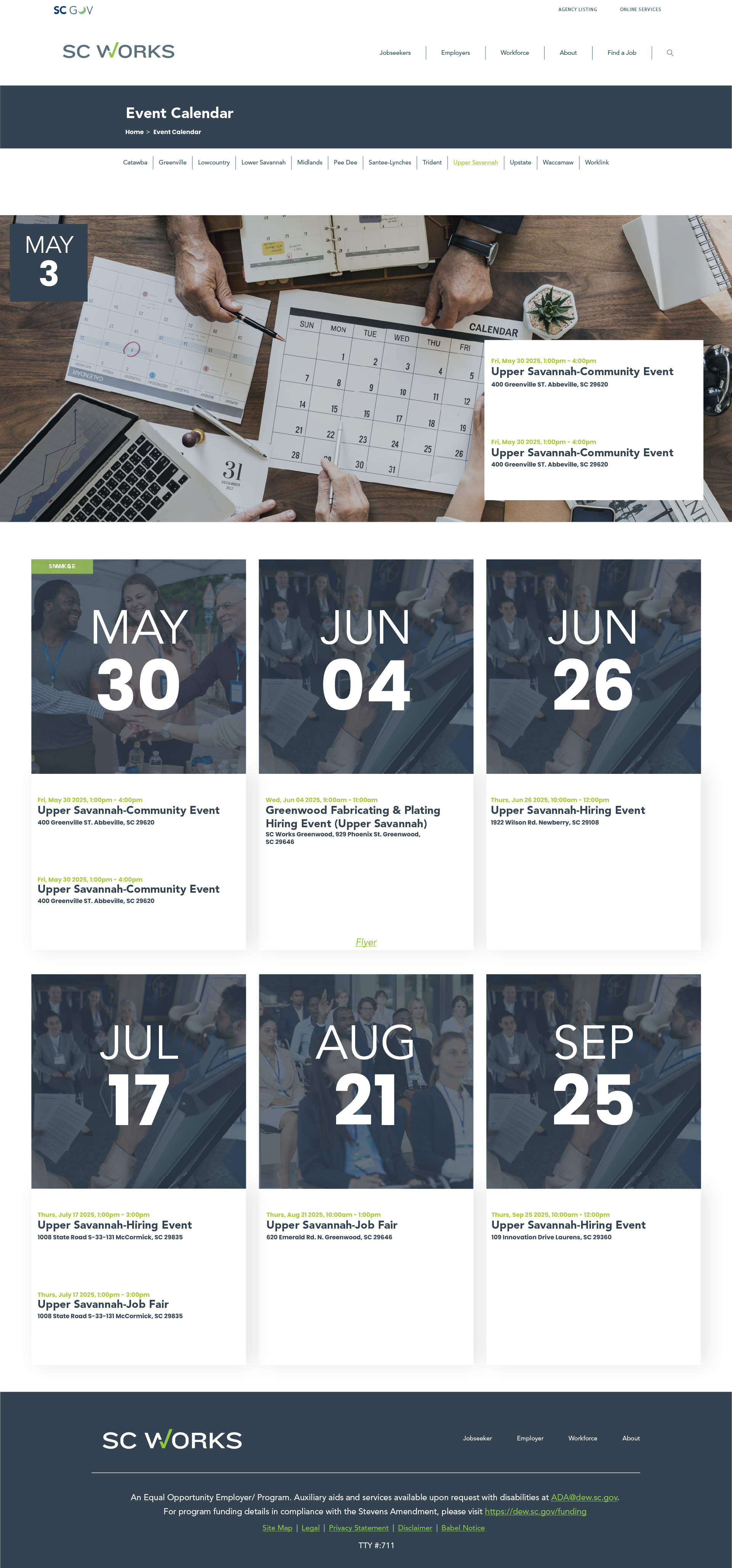 This screen highlights the redesigned SC Works Event Calendar, created to provide jobseekers and employers with a clear, organized view of upcoming hiring events, job fairs, and community programs. The layout prioritizes accessibility and scannabilit