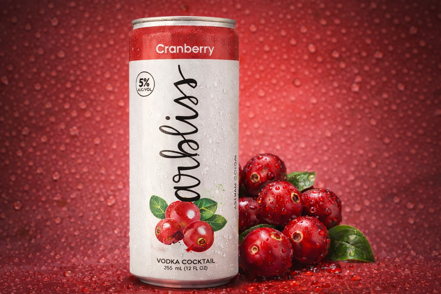 This cranberry Carbliss visual was created using AI image generation, starting with a detailed prompt to capture a sleek can surrounded by fresh cranberries against a rich cranberry-red background. I refined the composition to highlight dynamic light