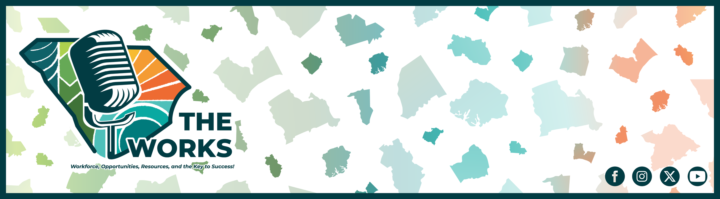 This banner wall extends The Works brand by featuring the podcast logo alongside a patterned backdrop of South Carolina regional icons in the selected brand color palette. Created in Adobe Illustrator using color masks and layered vector shapes, the 