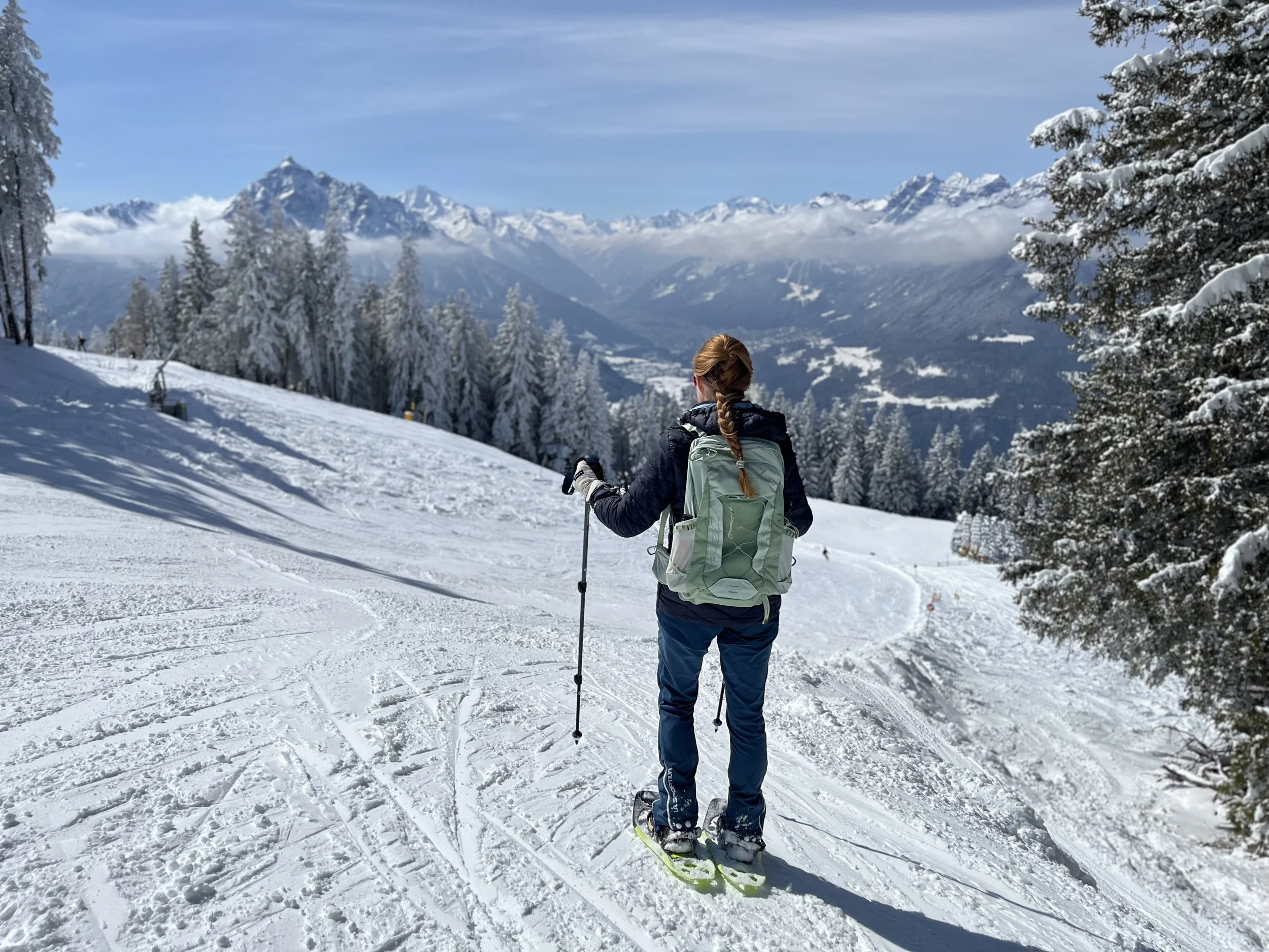 Woman on snow shoes in blue trousers and blue jacket. She has a green backpack. The background consists of blue mountains with snow and snowy trees.