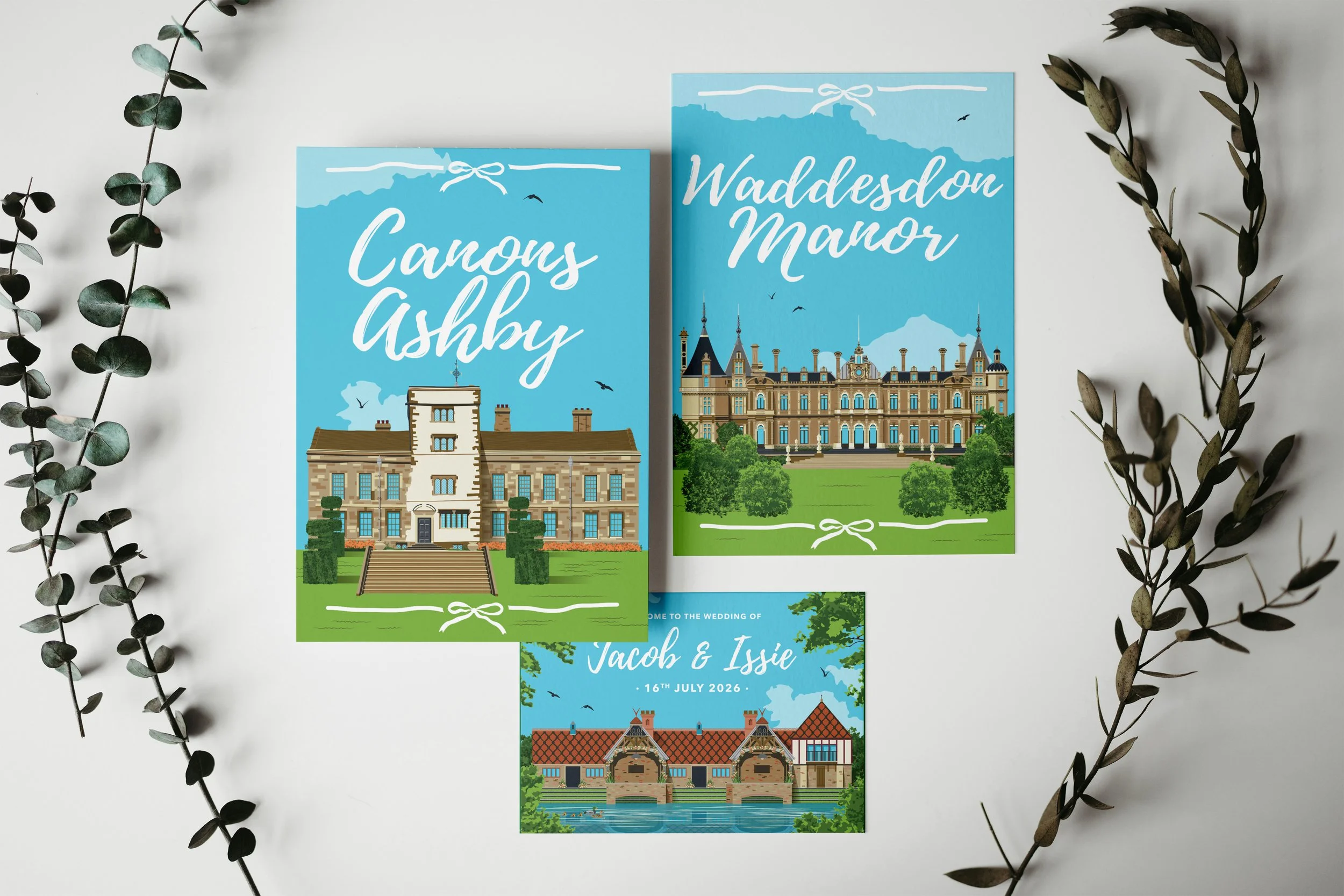 Colorful wedding invitations with illustrations of manors and castles, surrounded by greenery and flanked by branches