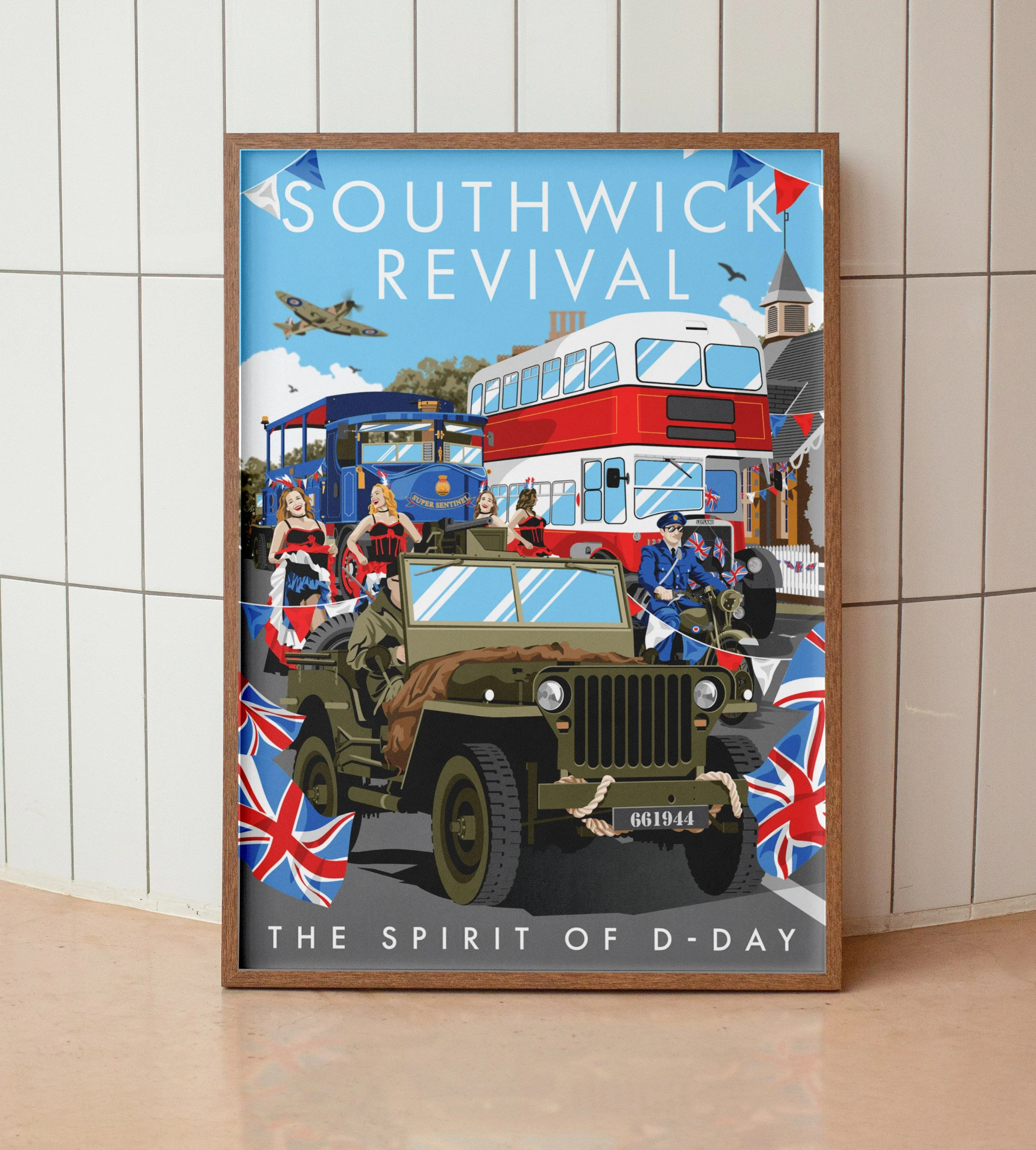 Poster with a red double-decker bus, military jeeps, vintage planes, and women in patriotic outfits, celebrating D-Day anniversary, with the text 'Southwick Revival' and 'The Spirit of D-Day'.