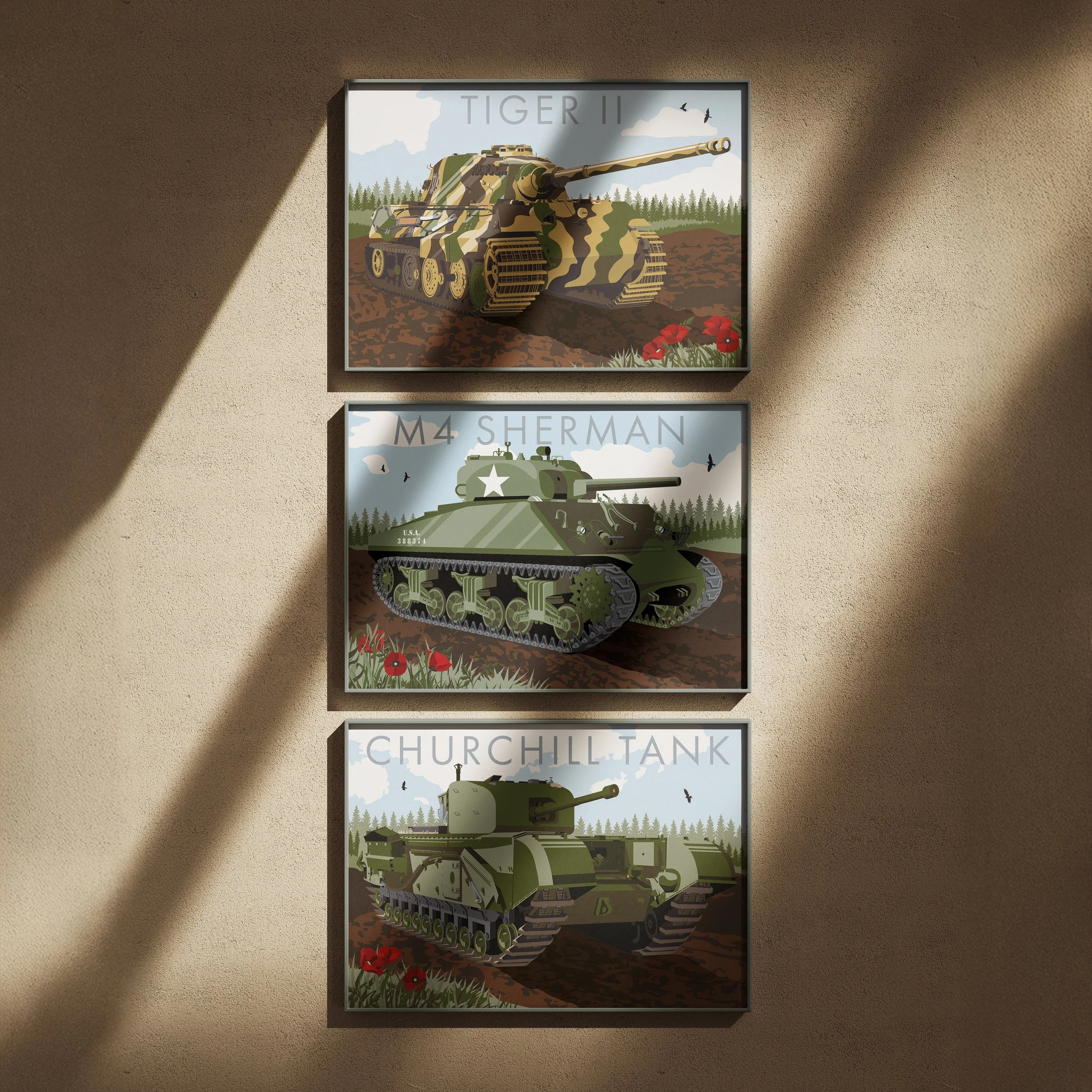 3 framed pictures of vector illustrated war tanks featuring Tiger II, M4 Sherman and Churchill Tank