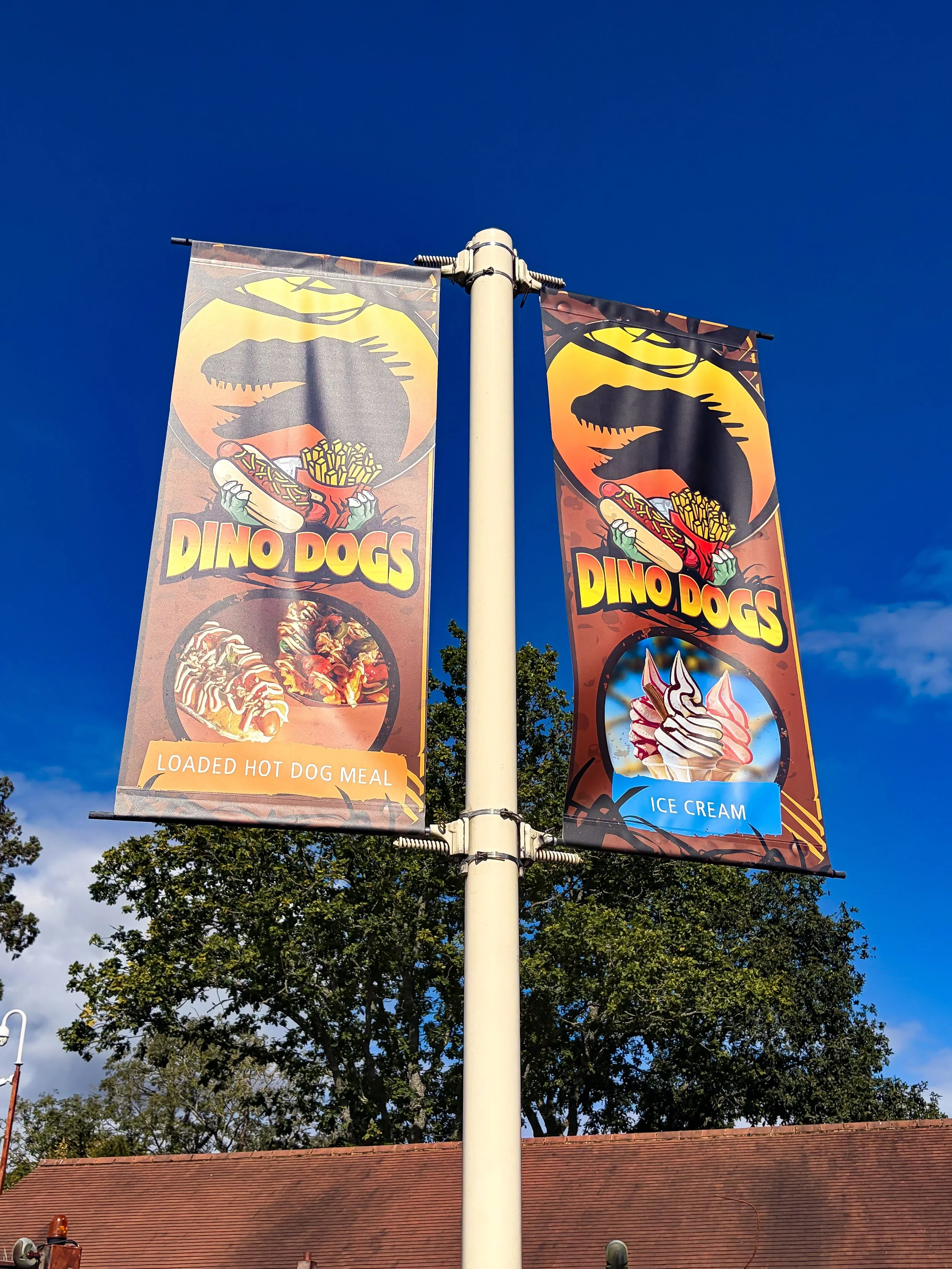 2 flagpole banners with Dino Dogs logo on, dinosaur silhouette and photograph of loaded hot dogs and fries
