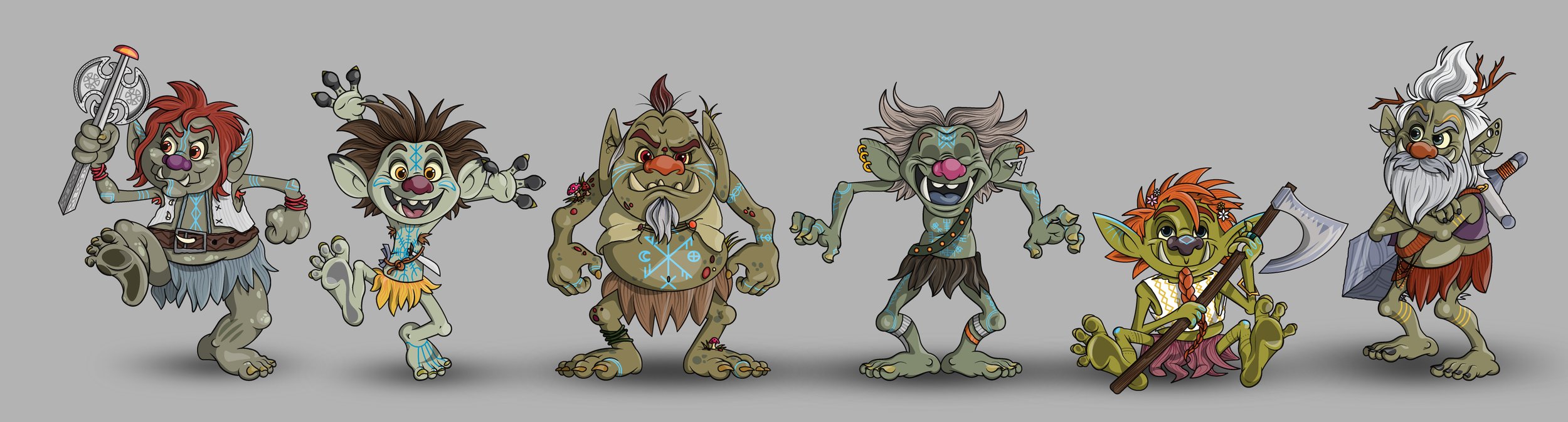 6 Characterful cartoon troll designs for queue line of Paultons Park ride Vild Swing