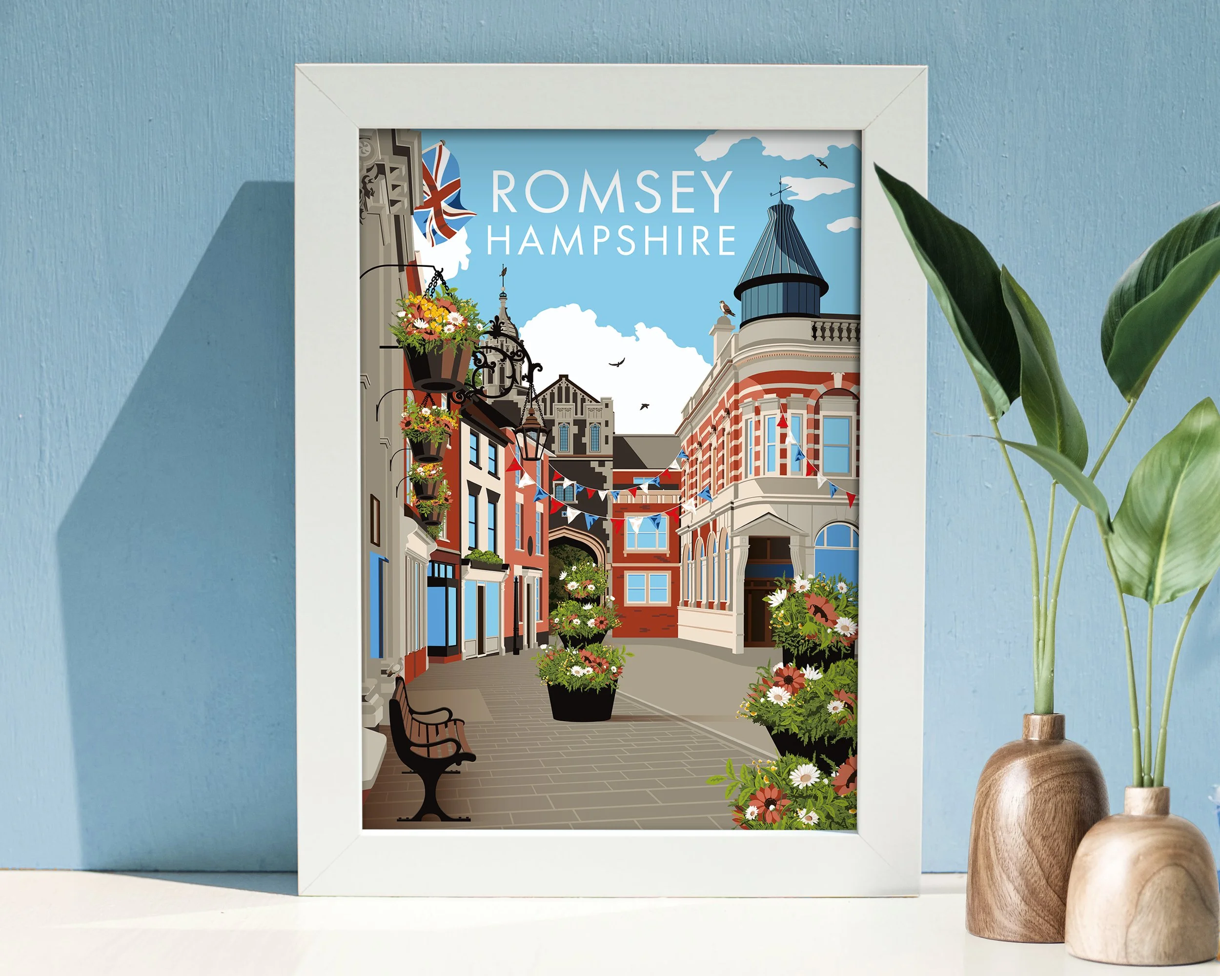 bright vector illustration of market town of Romsey in Hampshire featuring historic buildings, flowers and red white and blue bunting