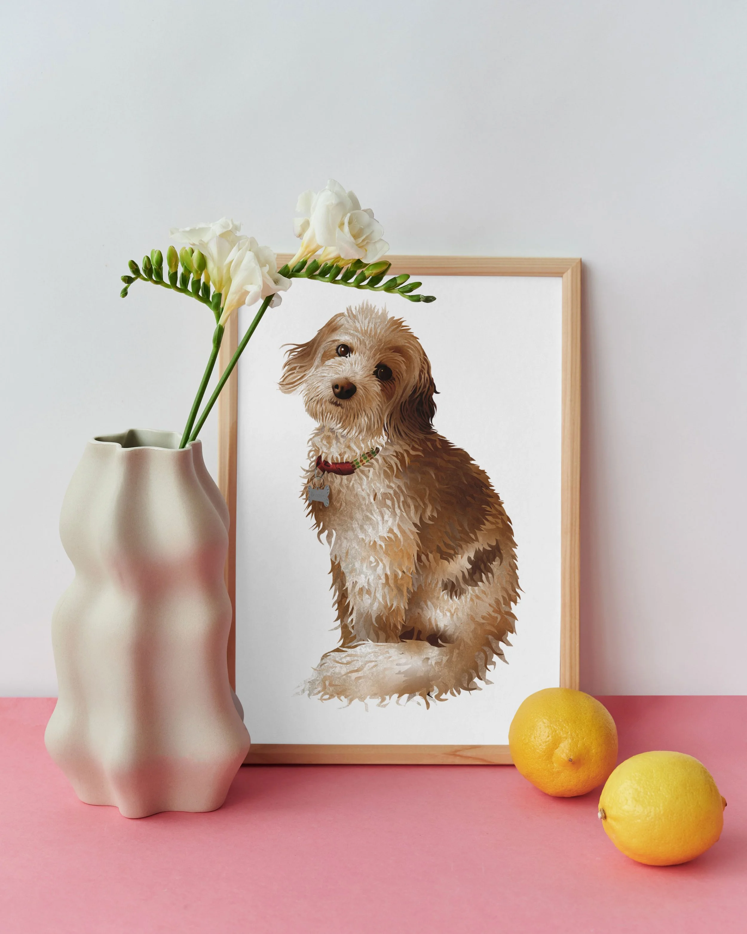 Illustration of a framed print of a fluffy brown and white dog