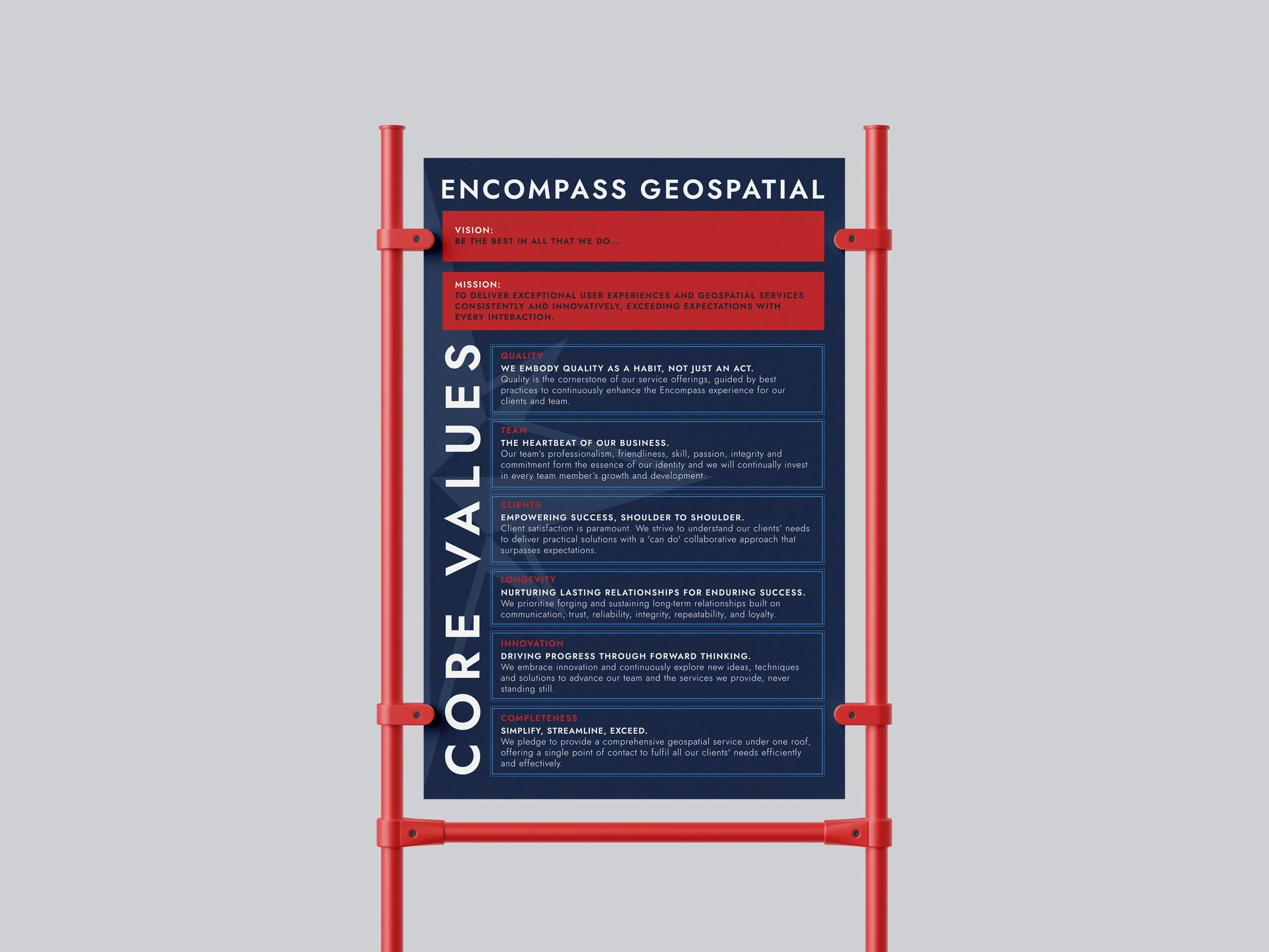Blue poster with corporate core values in white text and red accents