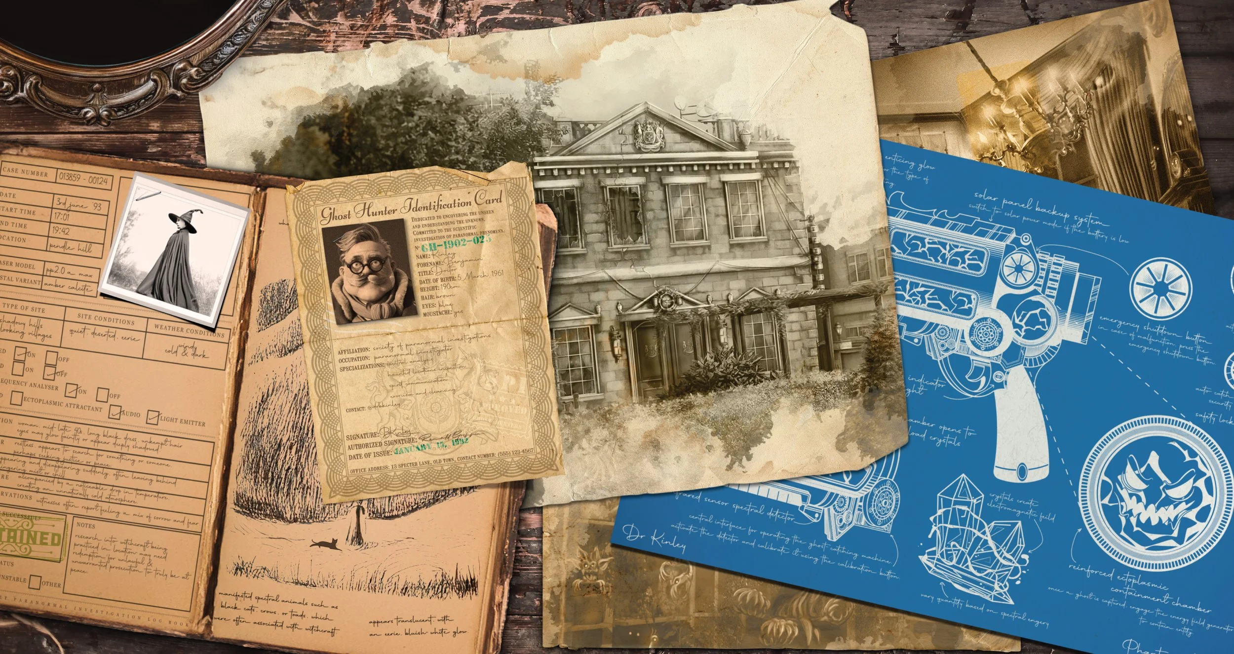 Photo featuring old papers with spooky house on, ghost log book, ghost hunter ID card and ghost catcher blue prints