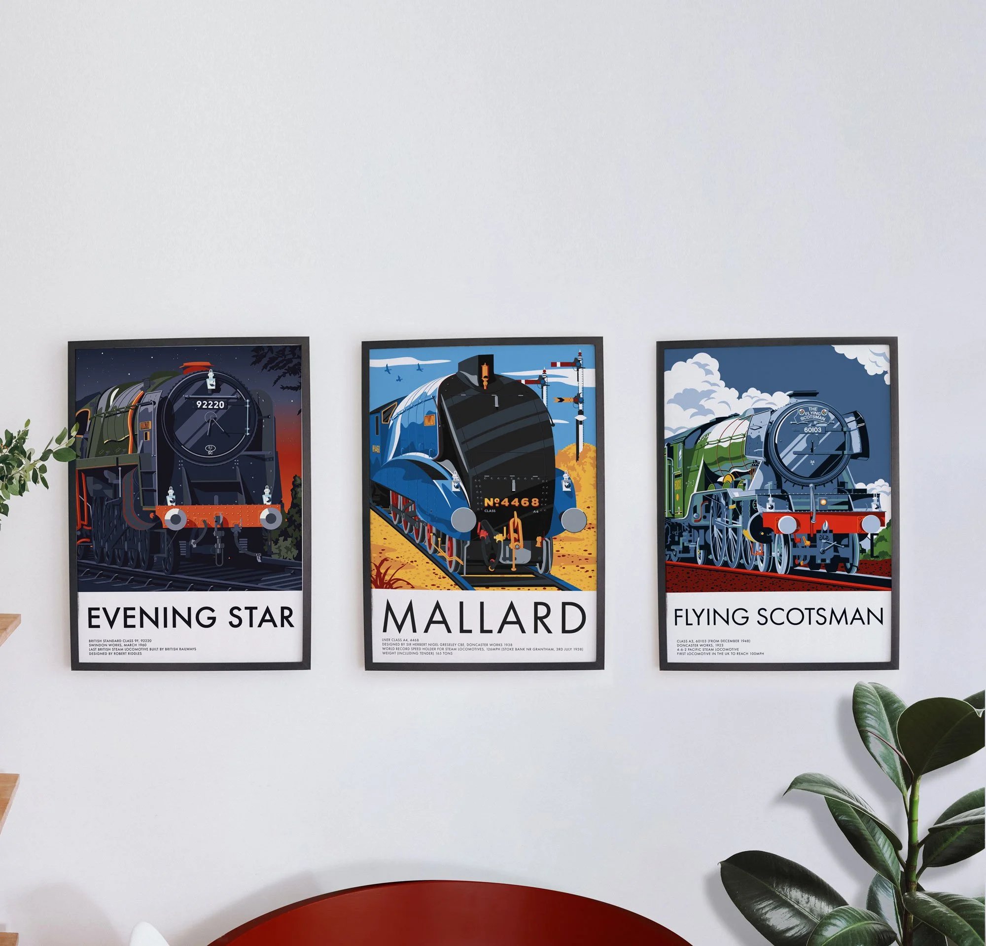 Framed Posters of vector illustrated steam trains; evening star, flying scotsman and mallard locomotives