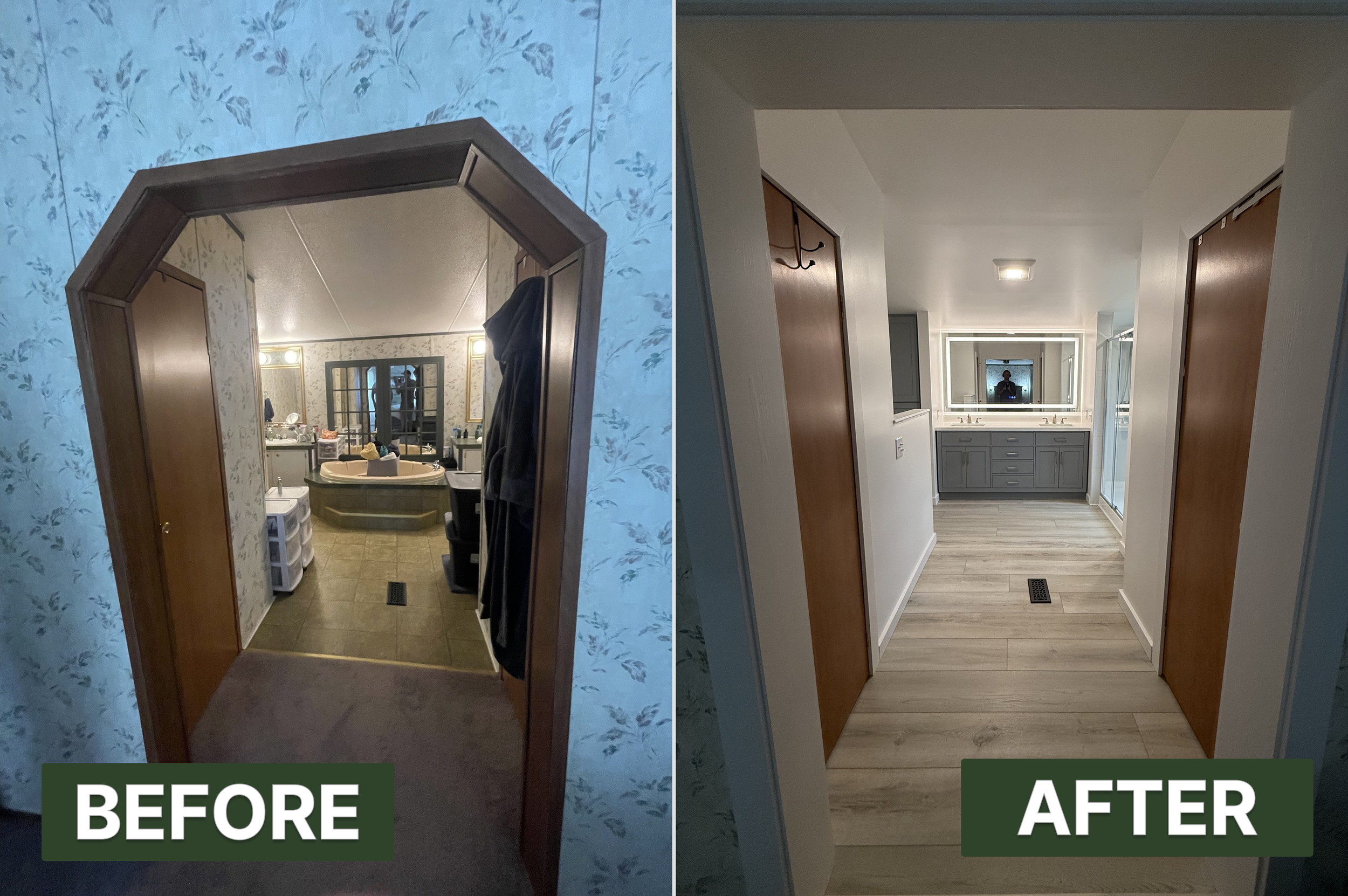 Comparison of a bathroom before and after renovation. The 'before' shows a dated, small bathroom with patterned wallpaper, an open door, and a cluttered space. The 'after' displays a modern, spacious bathroom with clean, white walls, a sleek gray van