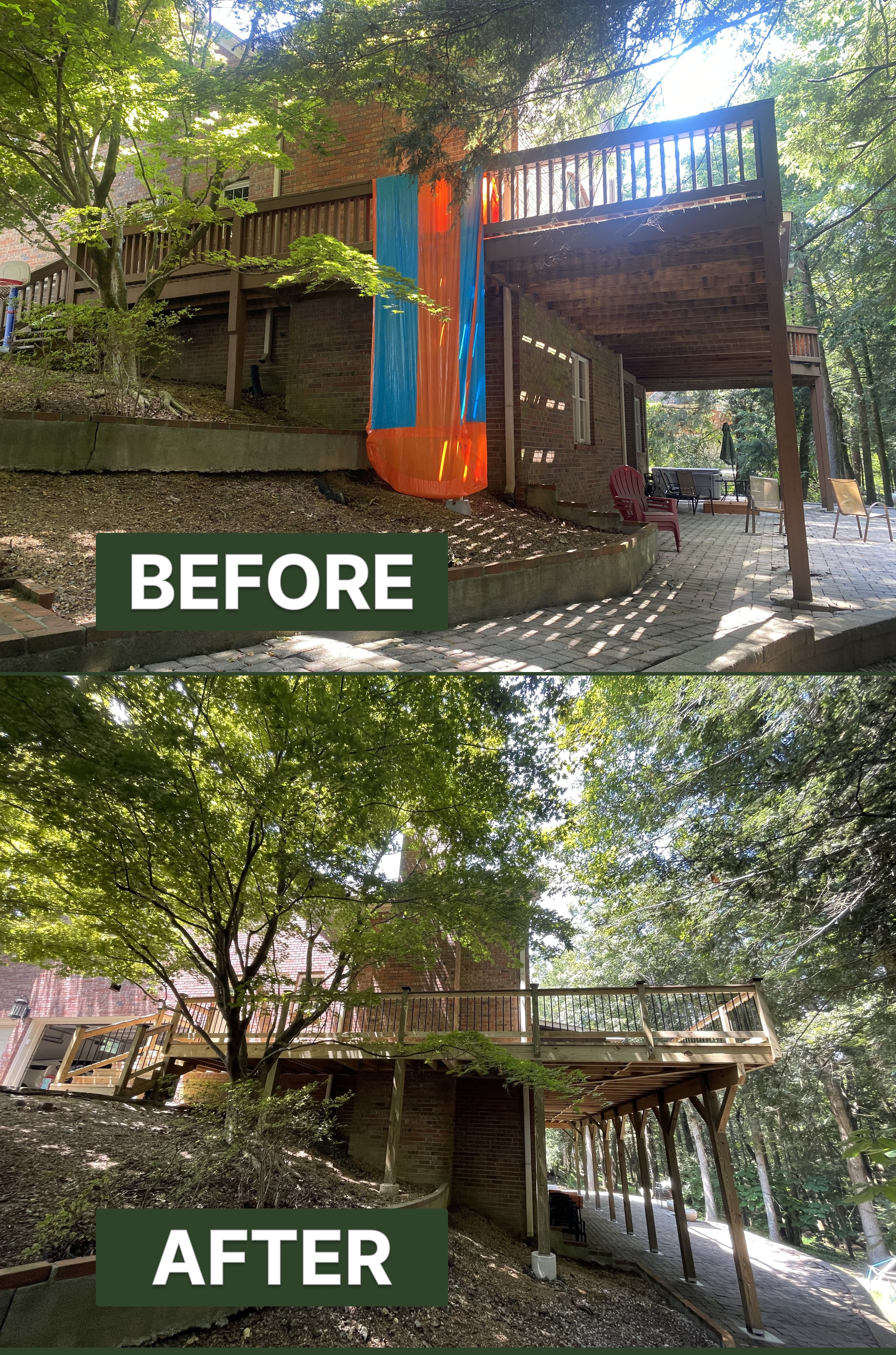 Comparison of a backyard deck before and after renovation, showing the addition of a new wooden deck with railings, creating an elevated sitting area, and partial removal of a hanging tarp or fabric in the renovation phase.