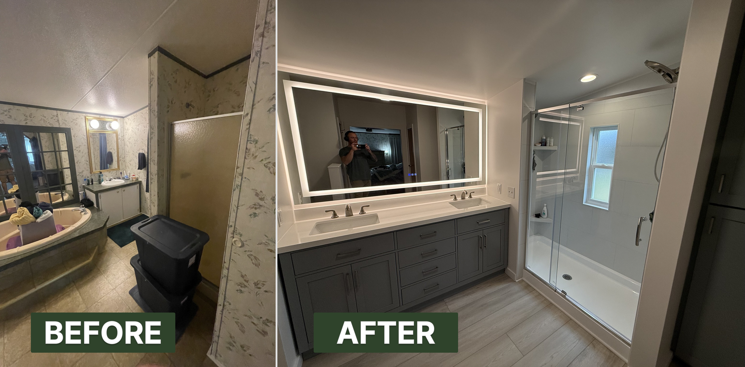 Side-by-side photos showing a bathroom transformation. The 'before' image depicts an old bathroom with floral wallpaper, a corner bathtub filled with towels, a small vanity with two mirrors, and clutter. The 'after' image shows a modern bathroom with