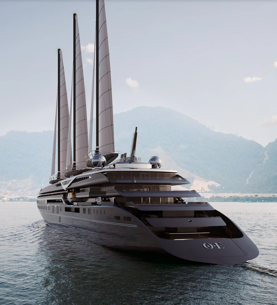 A large luxury yacht with multiple sails on the water, with a mountainous landscape in the background.