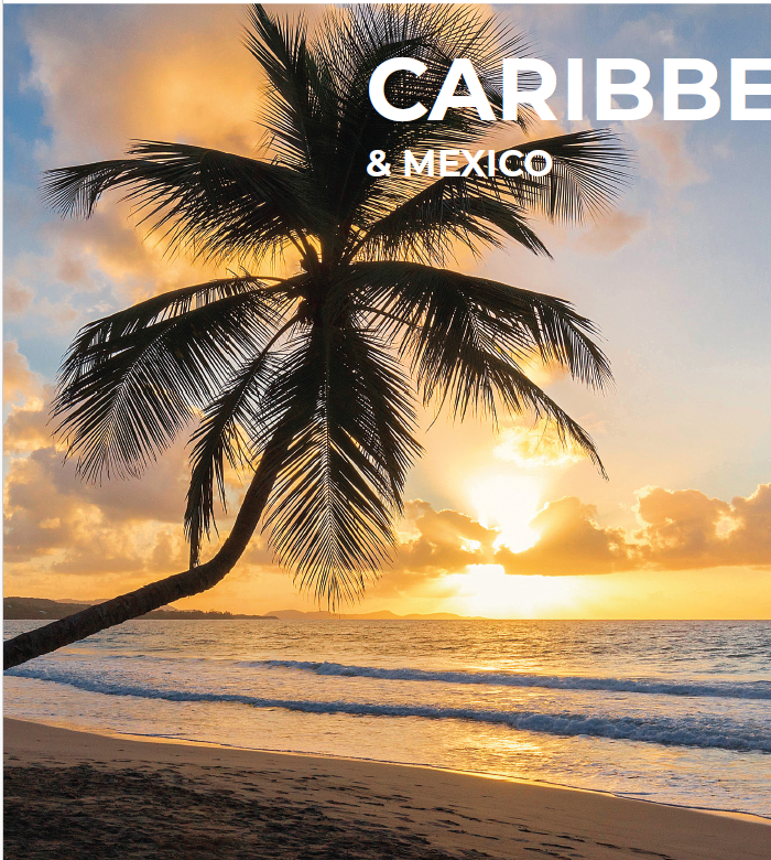 A sunset over the ocean with a palm tree in the foreground, titled 'Caribbean & Mexico'